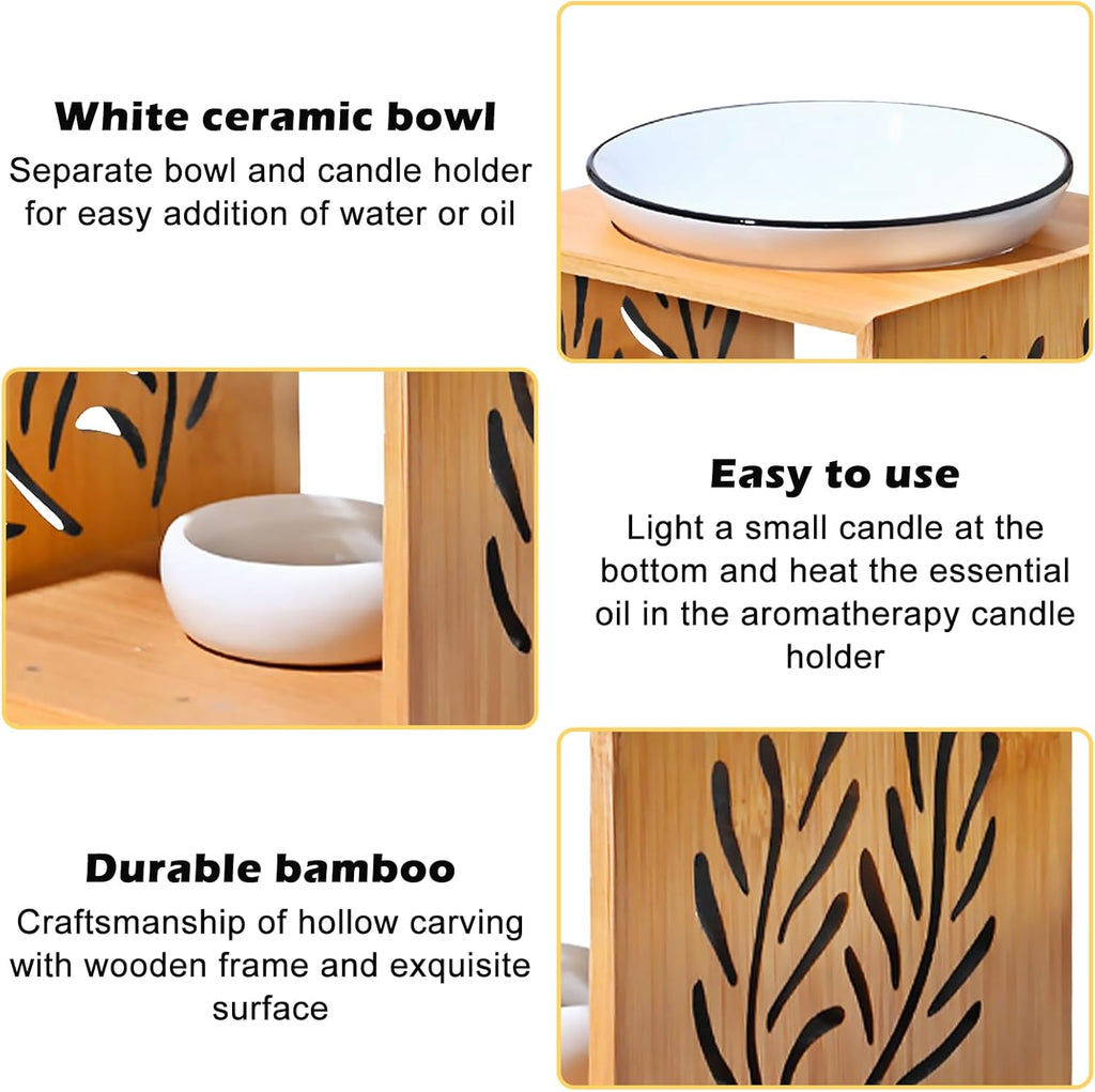Duftlampe für ätherische Öle, Aromalampe aus Keramik/Bambus, Duftlampe Teelicht mit Teelichthalter, Stövchen für ätherische Öle, Duftlampe Bambus für Zuhause, Dekoration, Yoga, Schlafzimmer