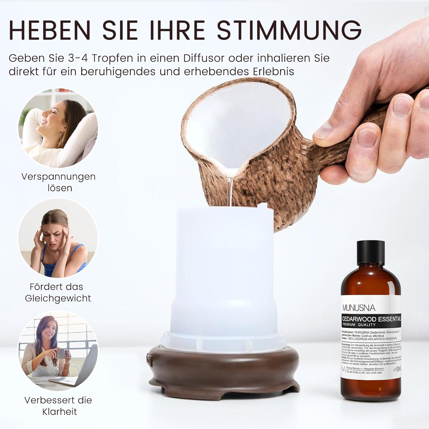 Zedernholzöl 100ML, MUNUSNA Ätherisches Öl Zedernholz Reines Natürlichs, Ätherische Öle Zeder für Glattes Haar, Duftöl Zedernöl für Diffuser, Seife, Kerzen, Cedarwood Oil