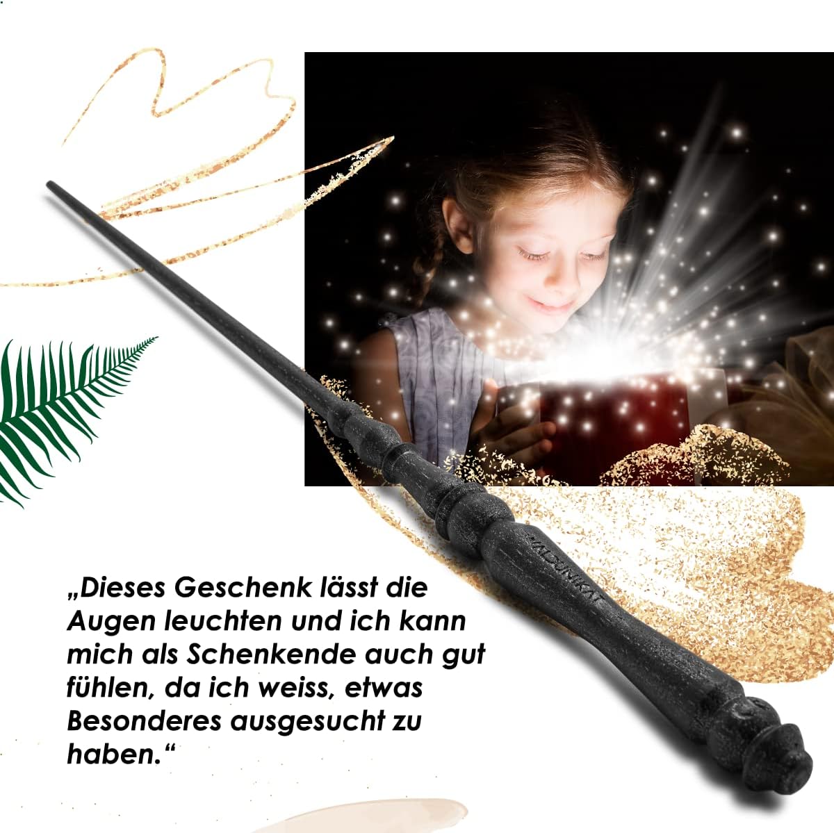WALDUNIKAT® Zauberstab aus Holz – Made in Germany – Spielzeug, Geburtstags-Geschenk, Deko, Kostüm für Erwachsene, Kinder, Damen, Herren, Mädchen (No. 1 - Schwarz-Glitzer)