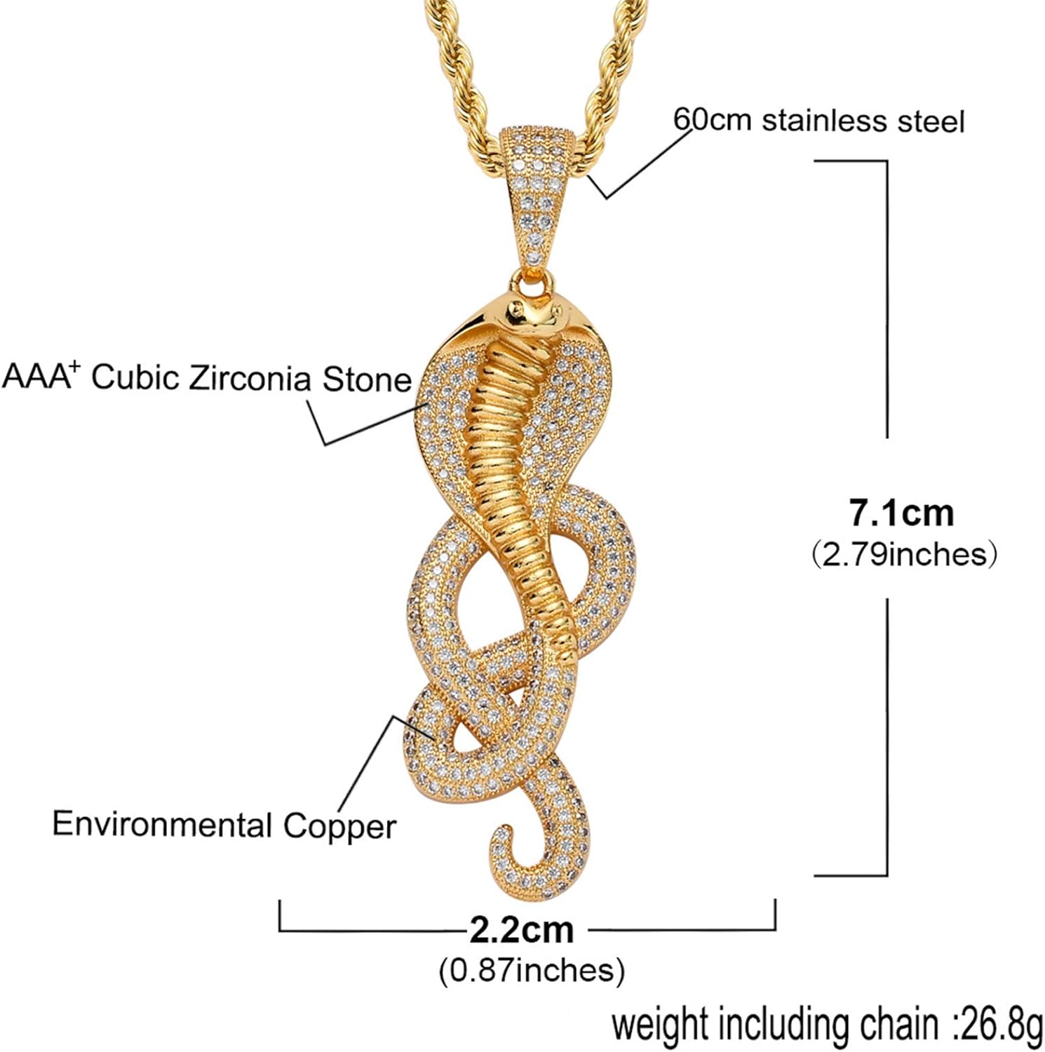 Women's Jewelry Hip Hop Iced Out Halskette mit Cobra-Schlangen-Anhänger, Micropave, 14 Karat vergoldet, simulierter Diamant, Tierliebhaber-Schmuck für Männer und Frauen Necklace