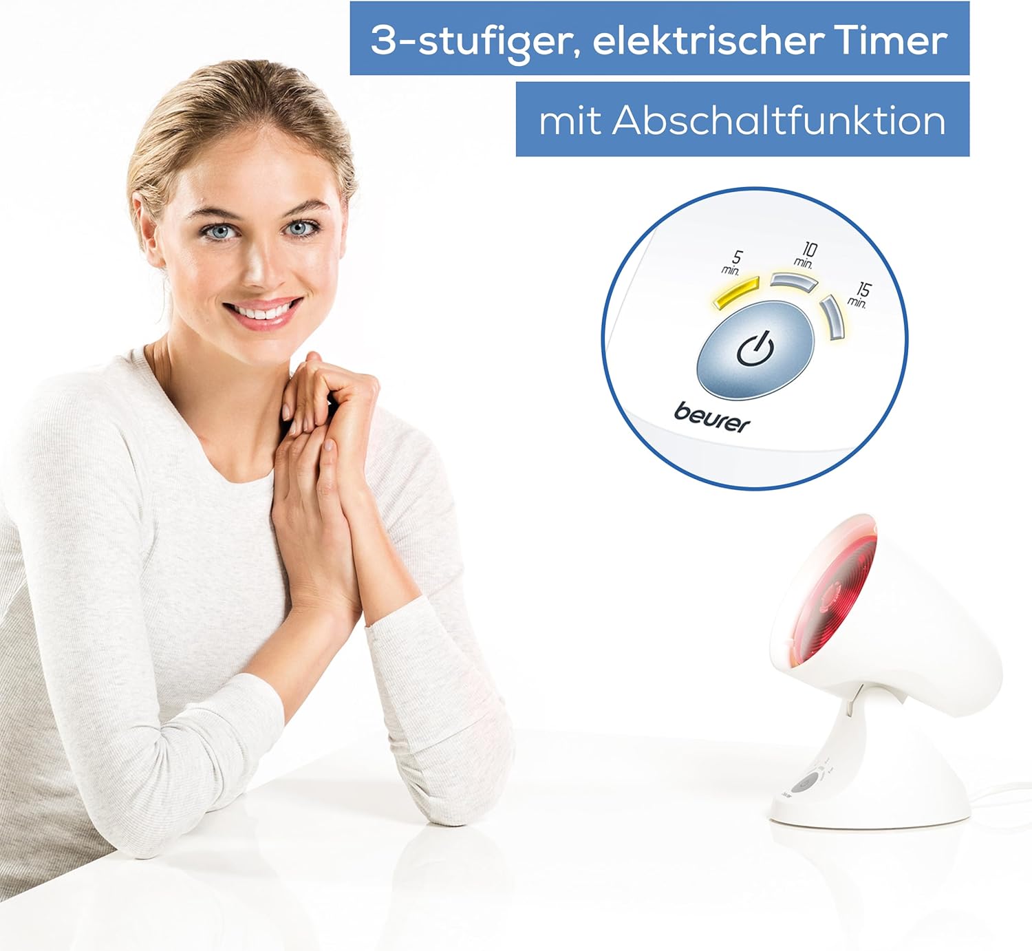 Beurer IL 35 Infrarotlampe, wohltuendes und wärmendes Infrarotlicht mit 3-stufigem Timer, 5 Neigungswinkeln, Lockerung von Muskeln und Linderung von Verspannungen, 1 Stück , Weiß