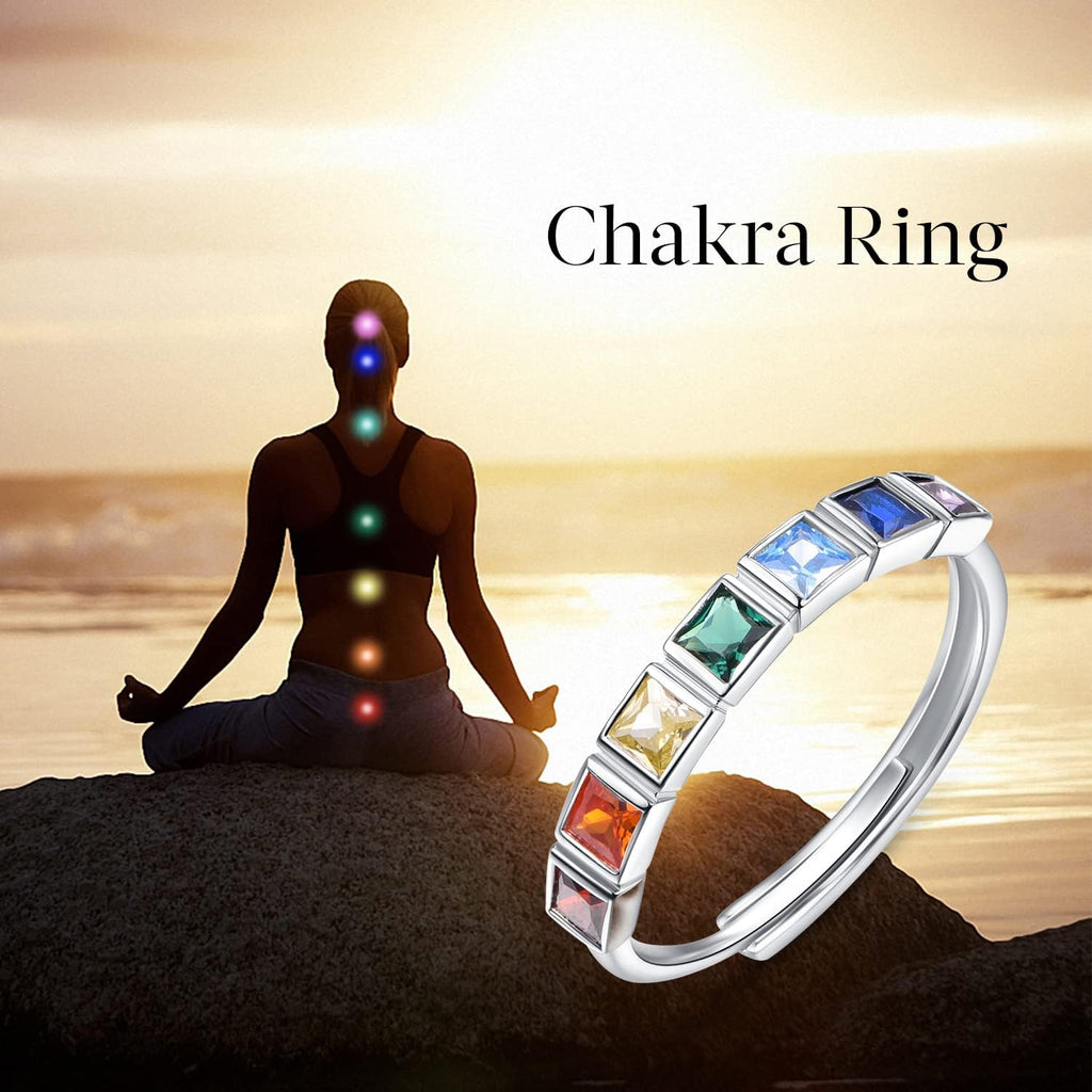 KINGWHYTE Chakra Ring für Frauen 925 Sterling Silber Verstellbare Ringe Heilender Schmuck Chakra-Geschenke für Mama Tochter Yoga-Liebhaber