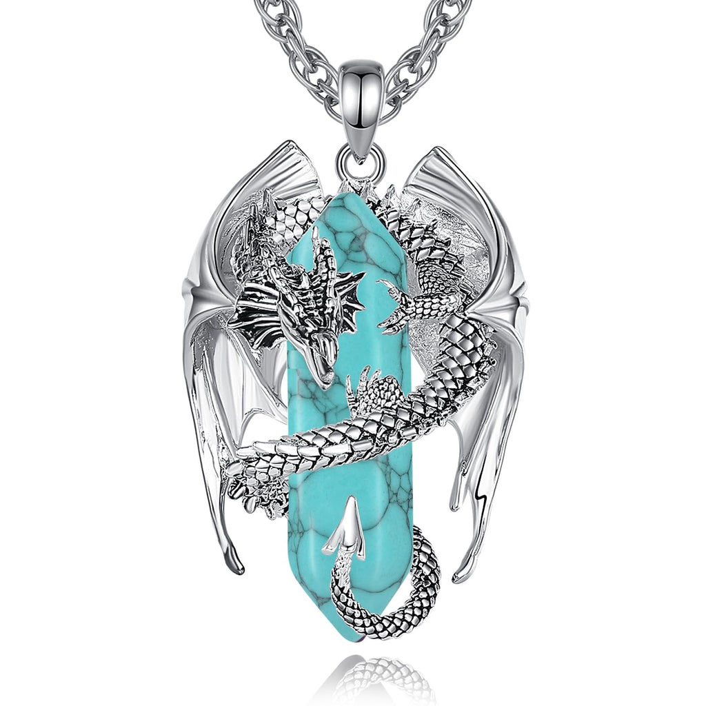 INFUSEU Kristall Drachen Kette, Nordischer Drache Gewickelter Zylinder Edelstein Kristall Anhänger Sechseckiger Heilkristall Anhänger Gothic Naturkristall-Schmuck Geschenk für Männer Frauen