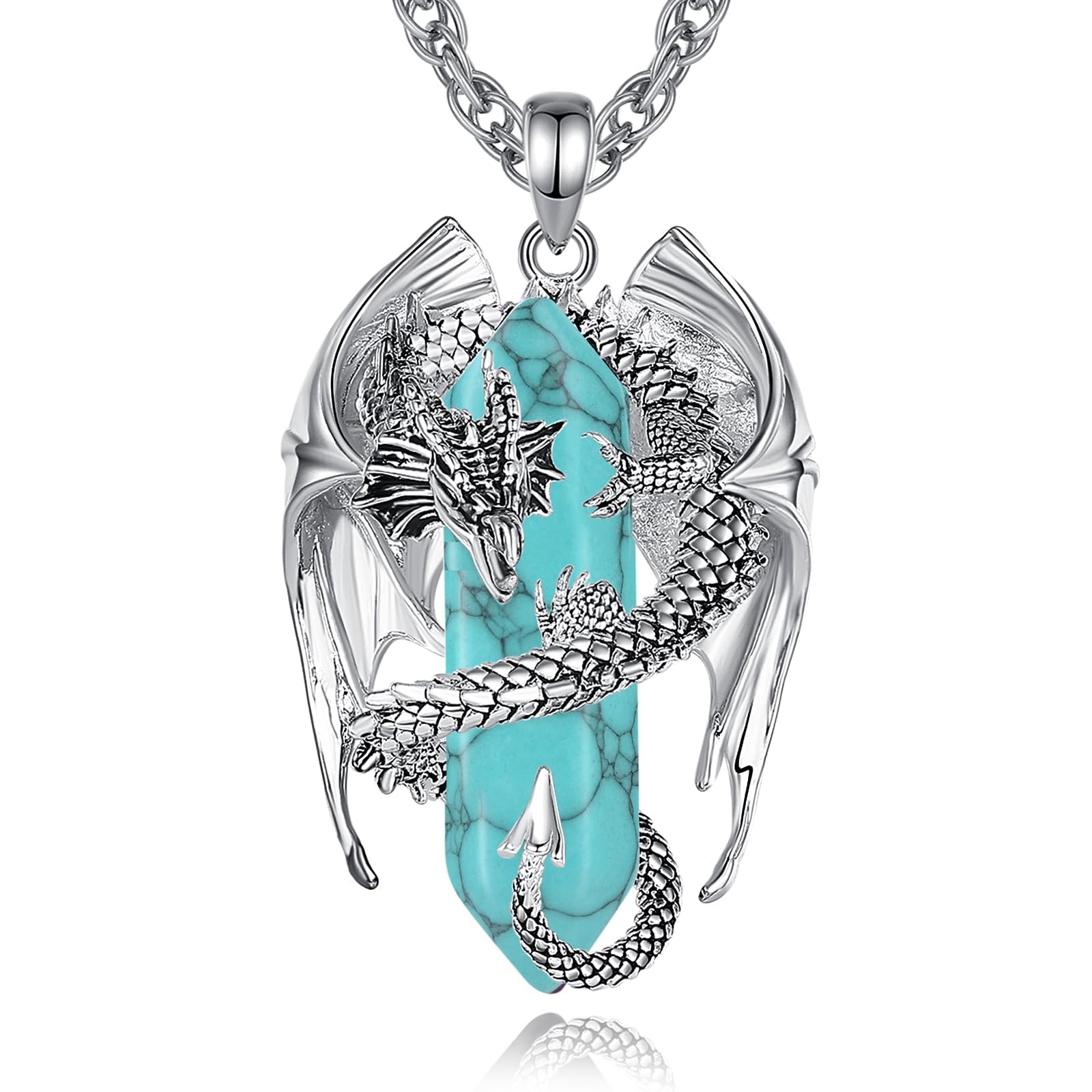 INFUSEU Kristall Drachen Kette, Nordischer Drache Gewickelter Zylinder Edelstein Kristall Anhänger Sechseckiger Heilkristall Anhänger Gothic Naturkristall-Schmuck Geschenk für Männer Frauen