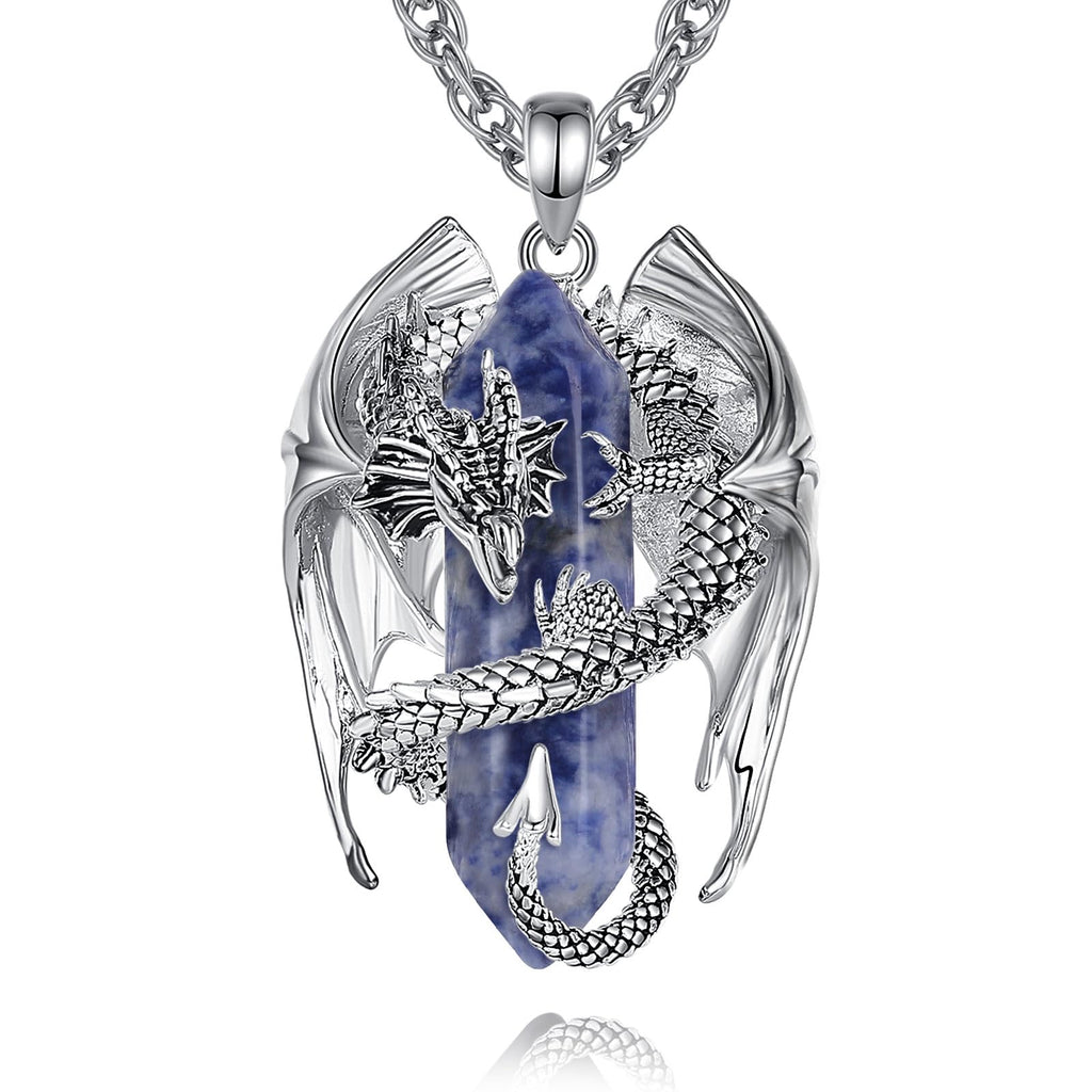 INFUSEU Kristall Drachen Kette, Nordischer Drache Gewickelter Zylinder Edelstein Kristall Anhänger Sechseckiger Heilkristall Anhänger Gothic Naturkristall-Schmuck Geschenk für Männer Frauen