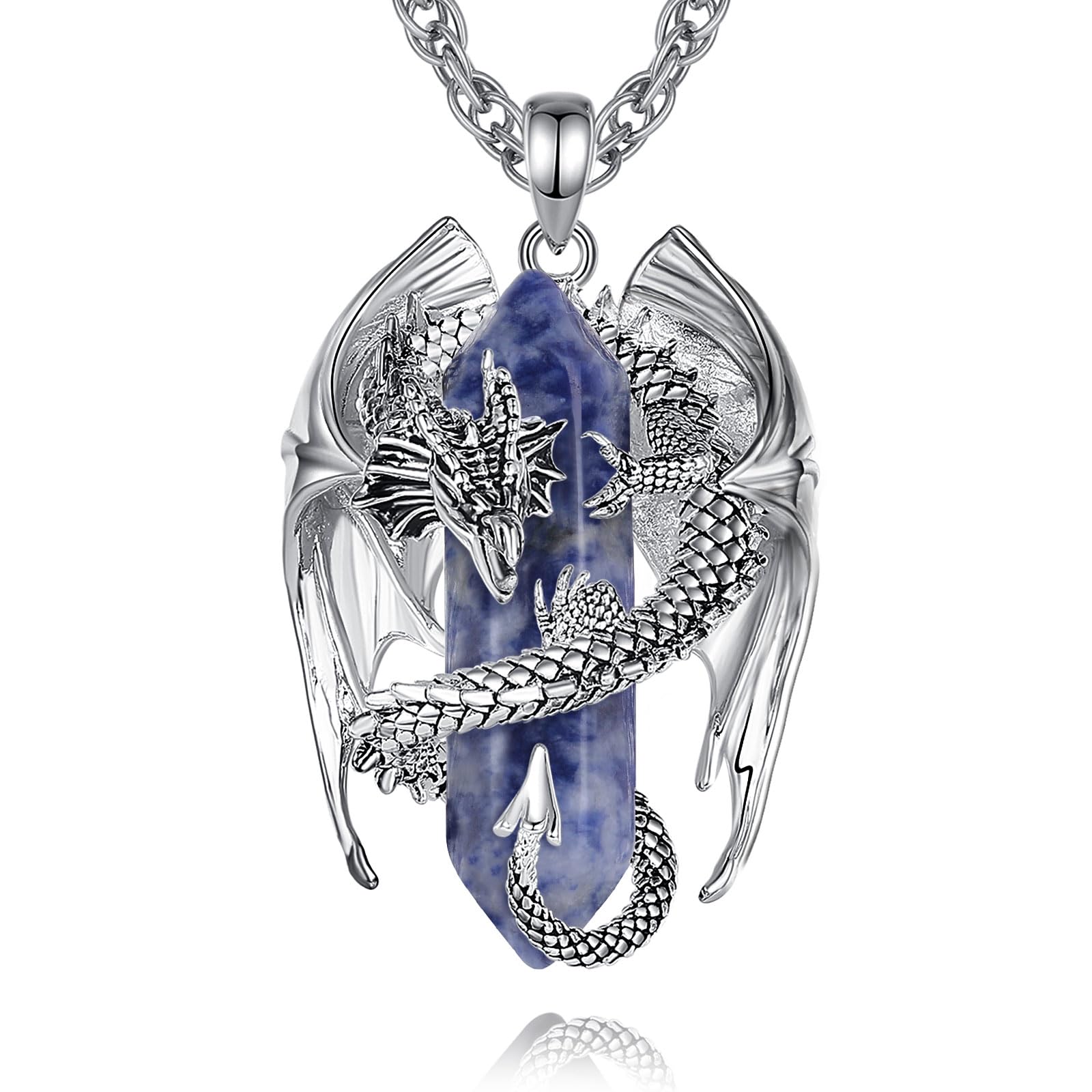 INFUSEU Kristall Drachen Kette, Nordischer Drache Gewickelter Zylinder Edelstein Kristall Anhänger Sechseckiger Heilkristall Anhänger Gothic Naturkristall-Schmuck Geschenk für Männer Frauen