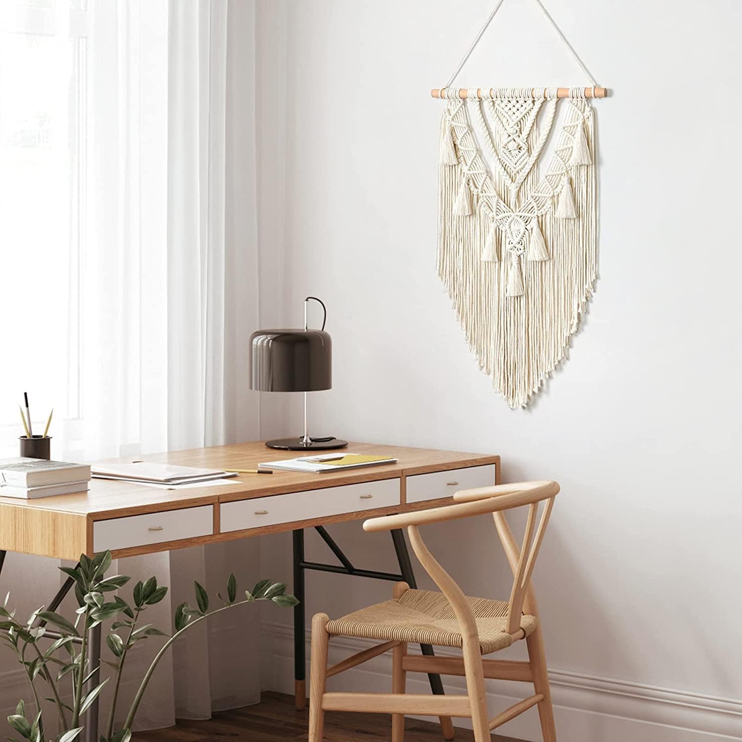 Dremisland Boho Makramee Wandbehang Geometrischer Gewebte Wandteppich Beige Baumwolle Wandteppich Wandkunst Tapisserie Quasten Tapestry Wandbehang für Schlafzimmer Wohnzimmer