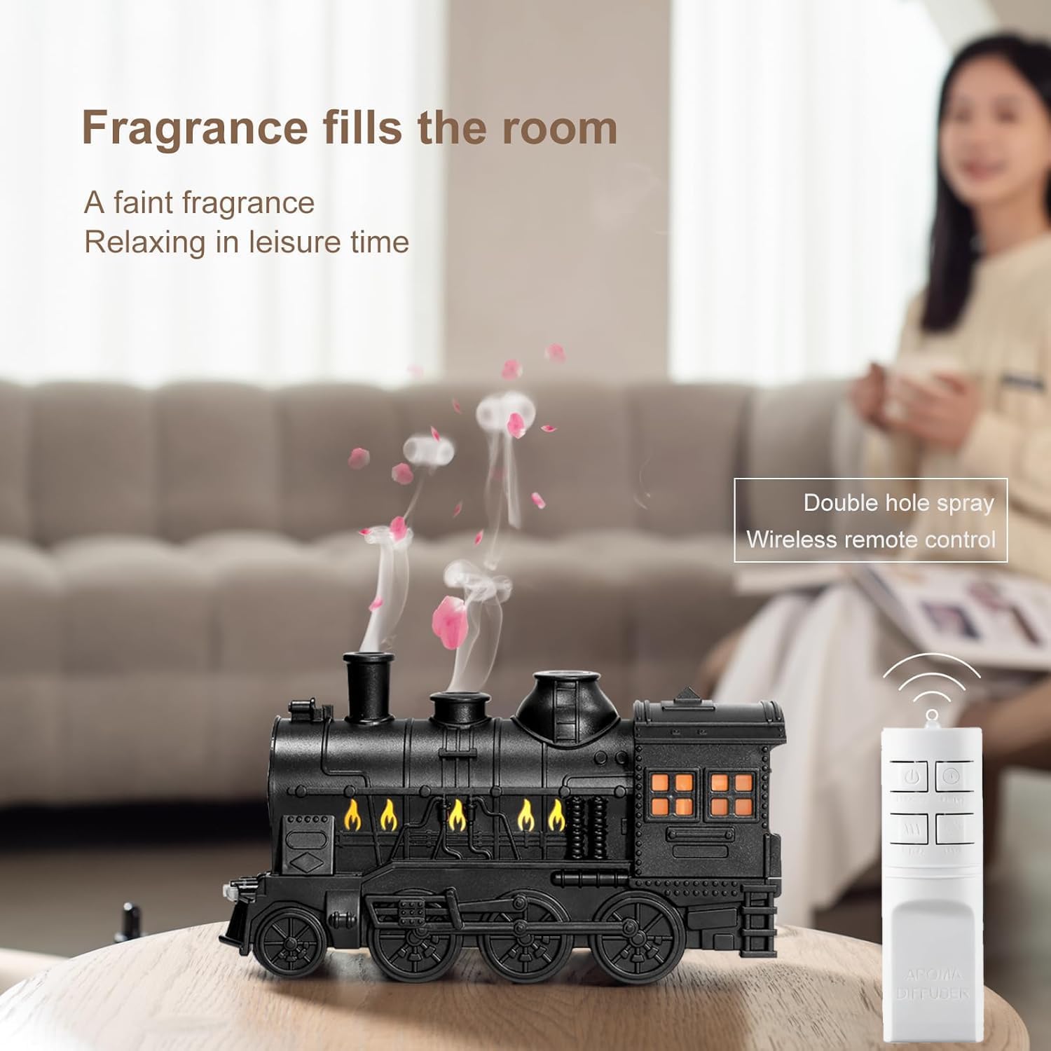Train Diffuser 300ml, Aromatherapy Diffuser Cool Mist Ultrasonic Aroma Train Diffuser with Remote Control 2 Light 2 Mist Mode Auto Shut-Off for Bedroom Office Hotel(Black)