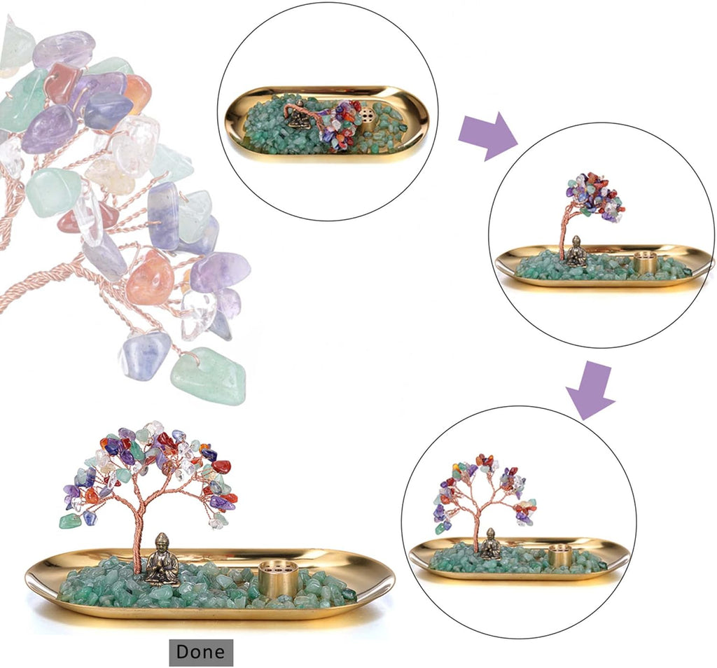 JSDDE 7 Chakra Edekstein Lebensbaum Deko mit 9 Loch Räucherstäbchen Halter Feng Shui Baum aus Heilstein Geldbaum Glücksbringer Zimmer Tisch Büro Dekoration