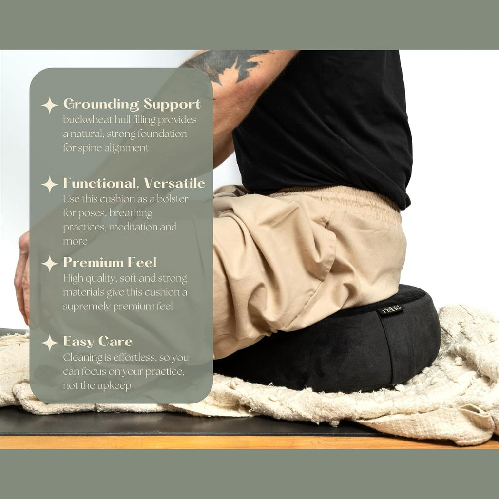 Black Velvet Embroidered Meditation Cushion - Buckwheat Filled with Lavender and Removable Foam Pad - Ideal for Yoga, Stress Relief, Mindfulness, and Holistic Living
