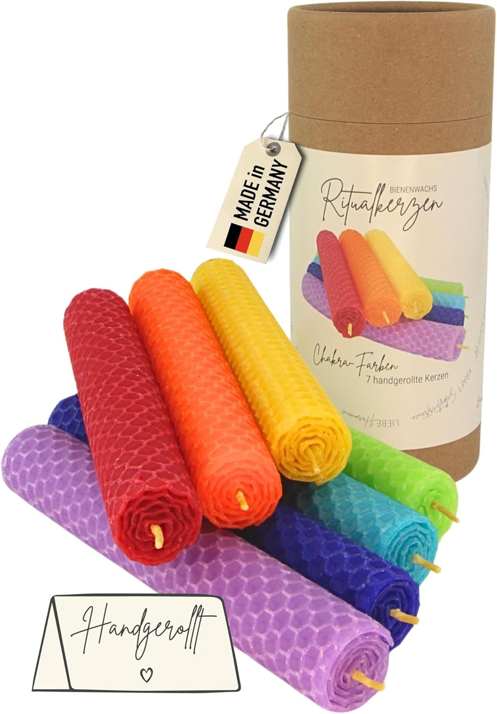 Chakra Candle Set, 7 Ritual Candles Made of Pure Beeswax, Hand Rolled from Germany, Hemp Wicks, Approx. 4 Hours Burning Time, Taper Candles in Chakra Colours for Meditation and Yoga