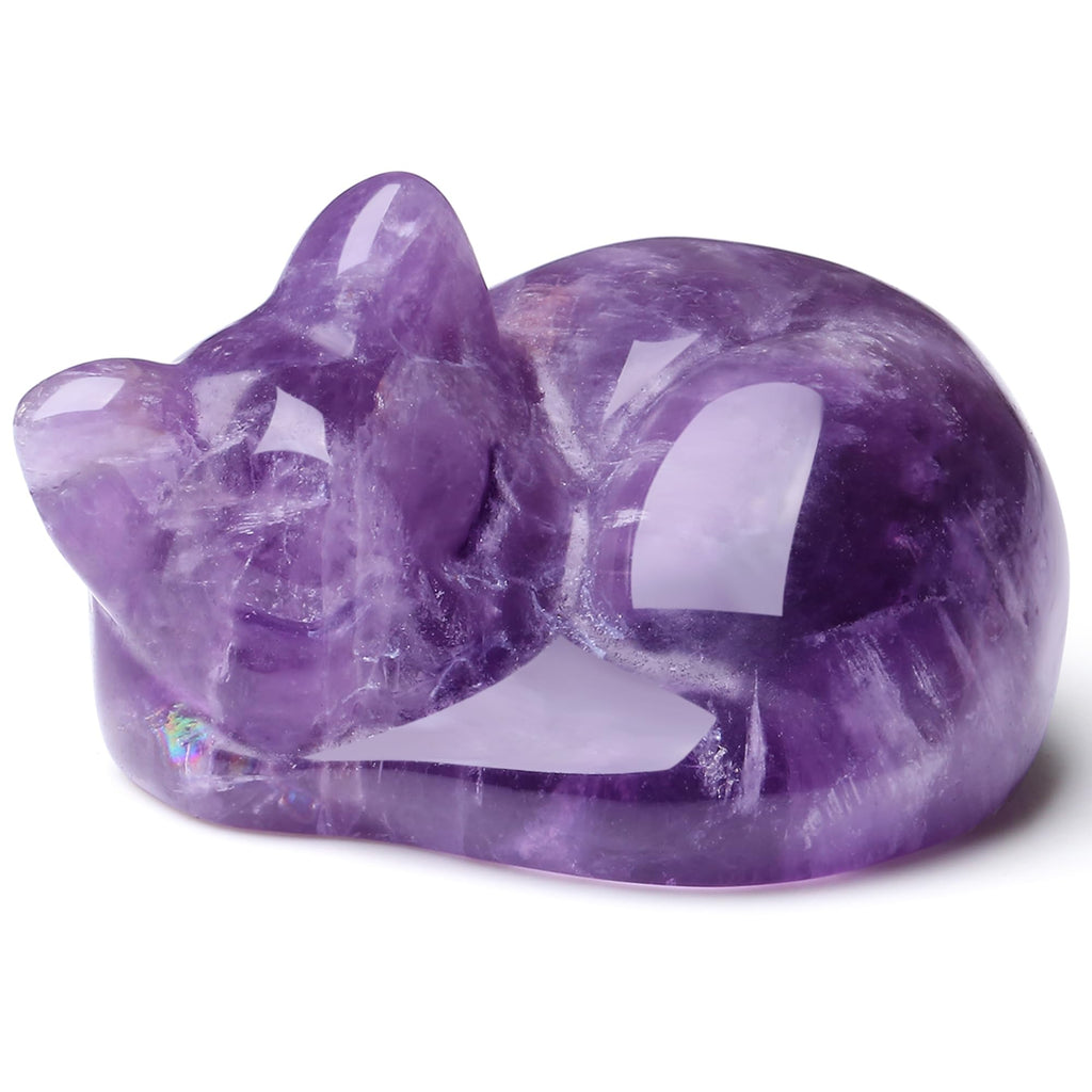 QINJIEJIE Dalmatian Jasper Cat Crystals Figurine Sleeping Cat Figure Statue Gemstones Sculpture Lucky Kitten Cute Decoration Men Women
