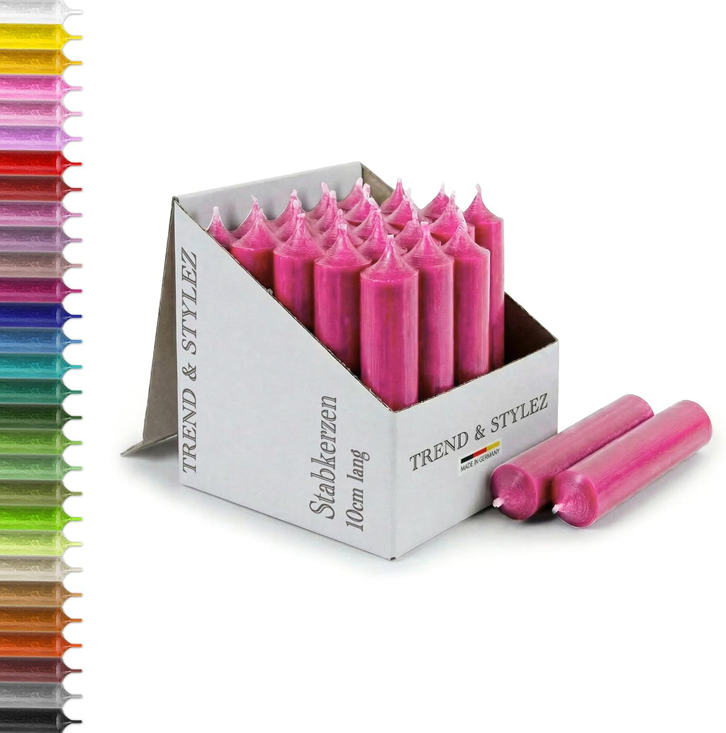 25 kurze Stabkerzen durchgefärbt 100x22mm | RAL Tafelkerzen mit 4h Brenndauer | Ohne Tropfen & Rußen | Leuchterkerzen für Deko | Made in Germany (Pink)
