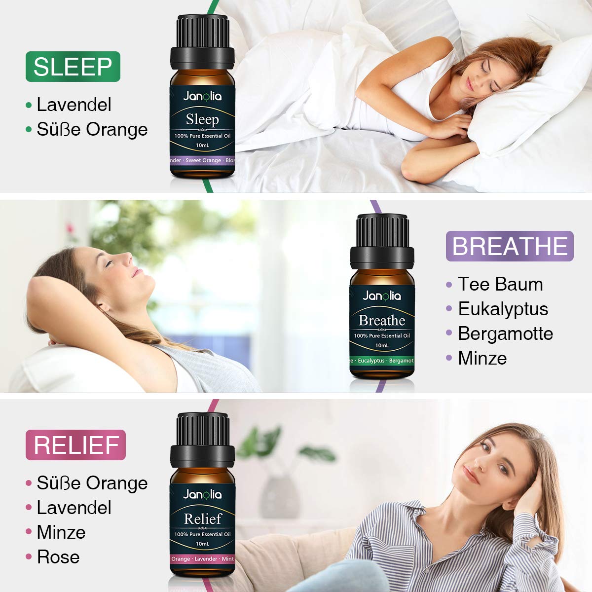 Janolia ätherisches Öle Set, Upgrade-Paket,Reines Natürliche Duftöle Set für Diffuser Entspannung Schlaf verbessern