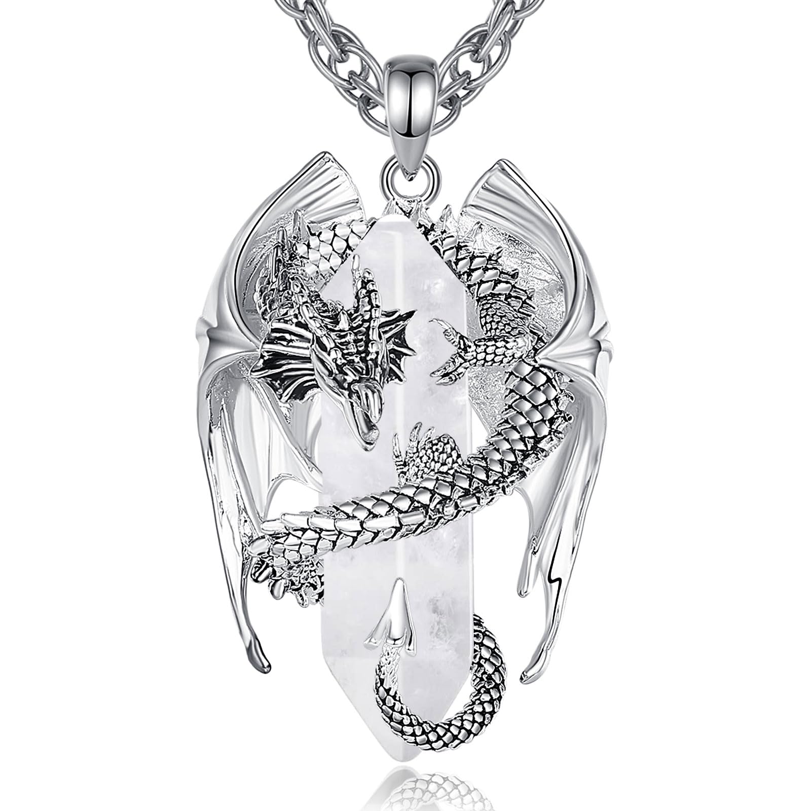 INFUSEU Kristall Drachen Kette, Nordischer Drache Gewickelter Zylinder Edelstein Kristall Anhänger Sechseckiger Heilkristall Anhänger Gothic Naturkristall-Schmuck Geschenk für Männer Frauen
