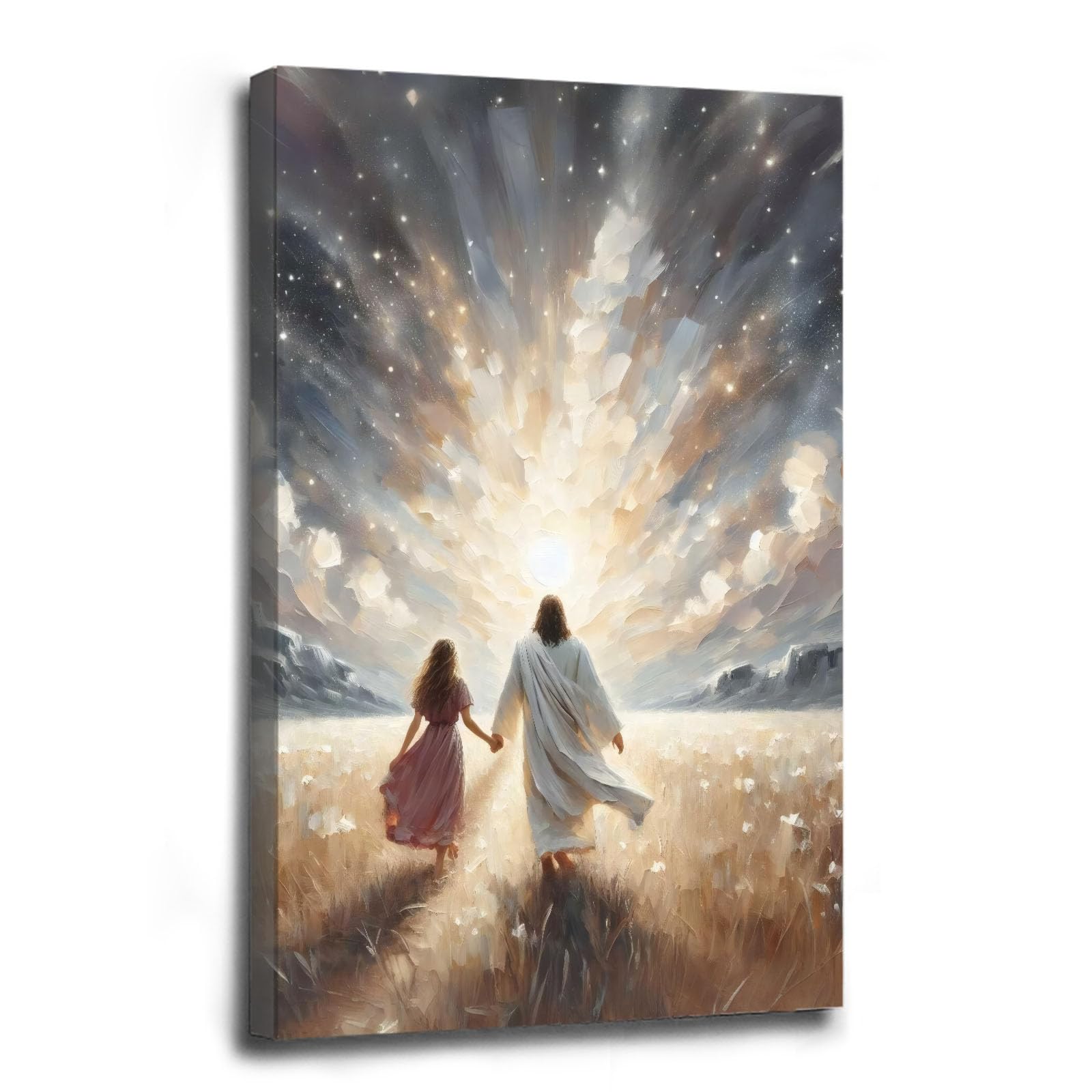 Jesus canvas painting spiritual artwork featuring a girl in a flowing white robe happily playing in a warm field of golden daisies. Adds a vibrant atmosphere to your home's sacred wall decor