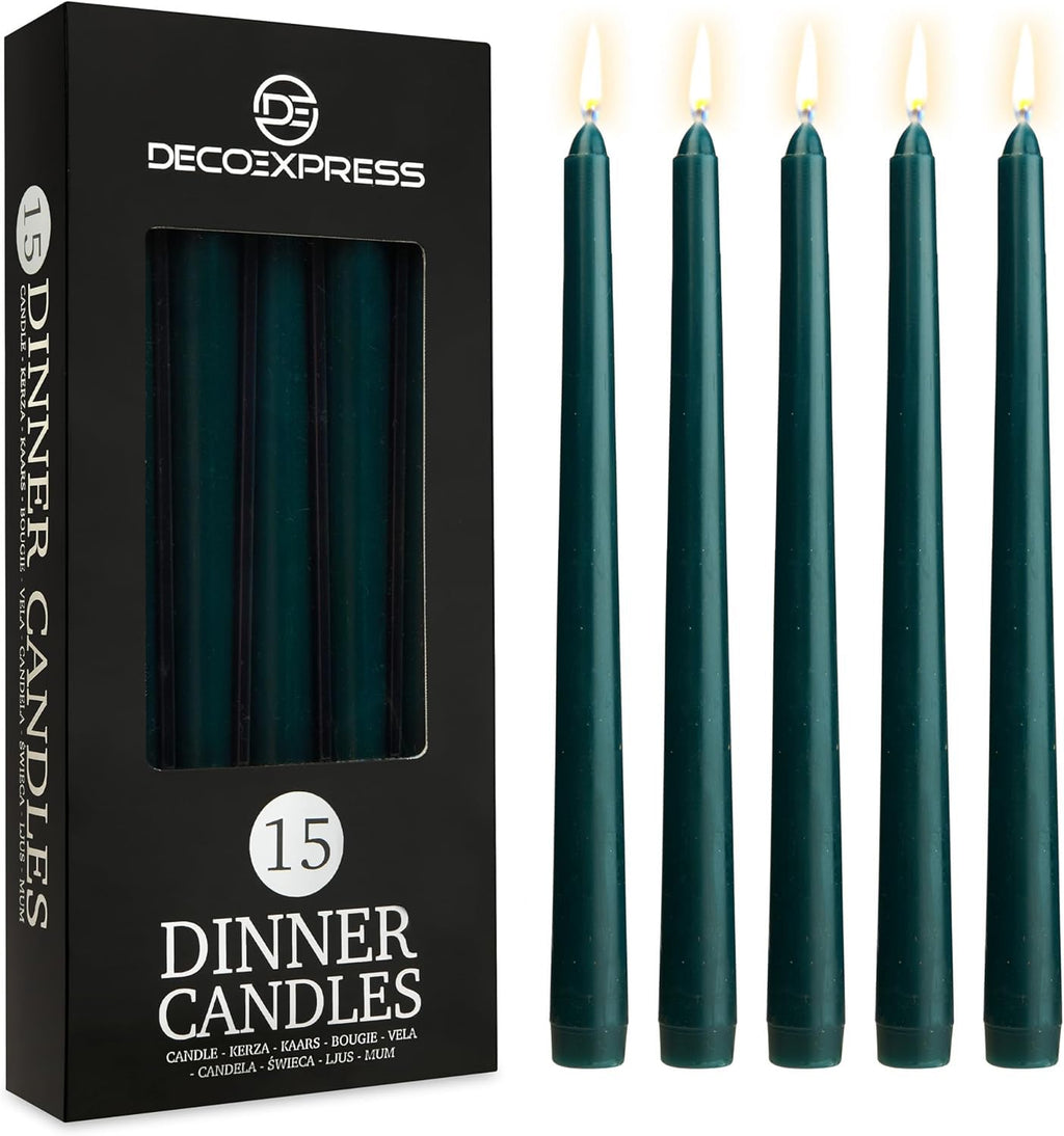 DECO EXPRESS Taper Candles Set of 6, 10, 15 or 50, Long Burning Time up to 8 Hours, Odourless (Silver, Set of 15)