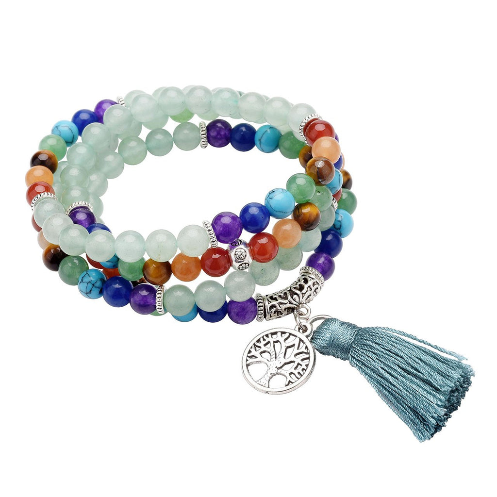 CrystalTears Mala Kette 108 Perlen Wickelarmband Chakra Steine Mala Armband mit Lebensbaum Anhänger 6mm Perlen Buddhismus Gebetskette Healing Reiki Halskette