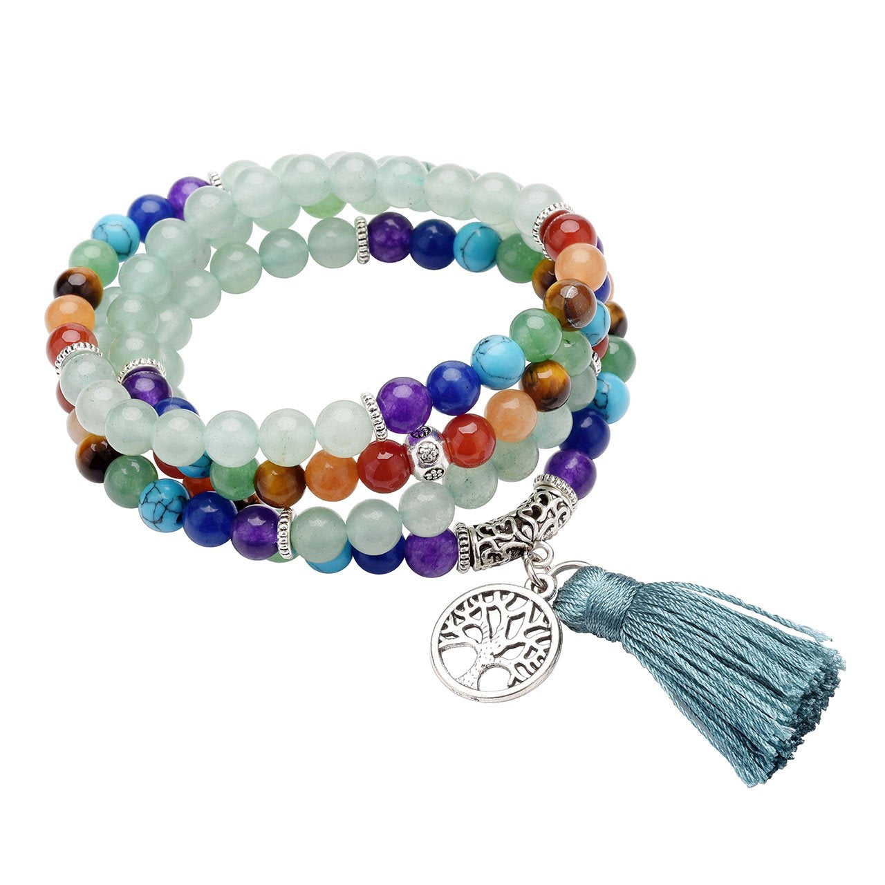 CrystalTears Mala Kette 108 Perlen Wickelarmband Chakra Steine Mala Armband mit Lebensbaum Anhänger 6mm Perlen Buddhismus Gebetskette Healing Reiki Halskette