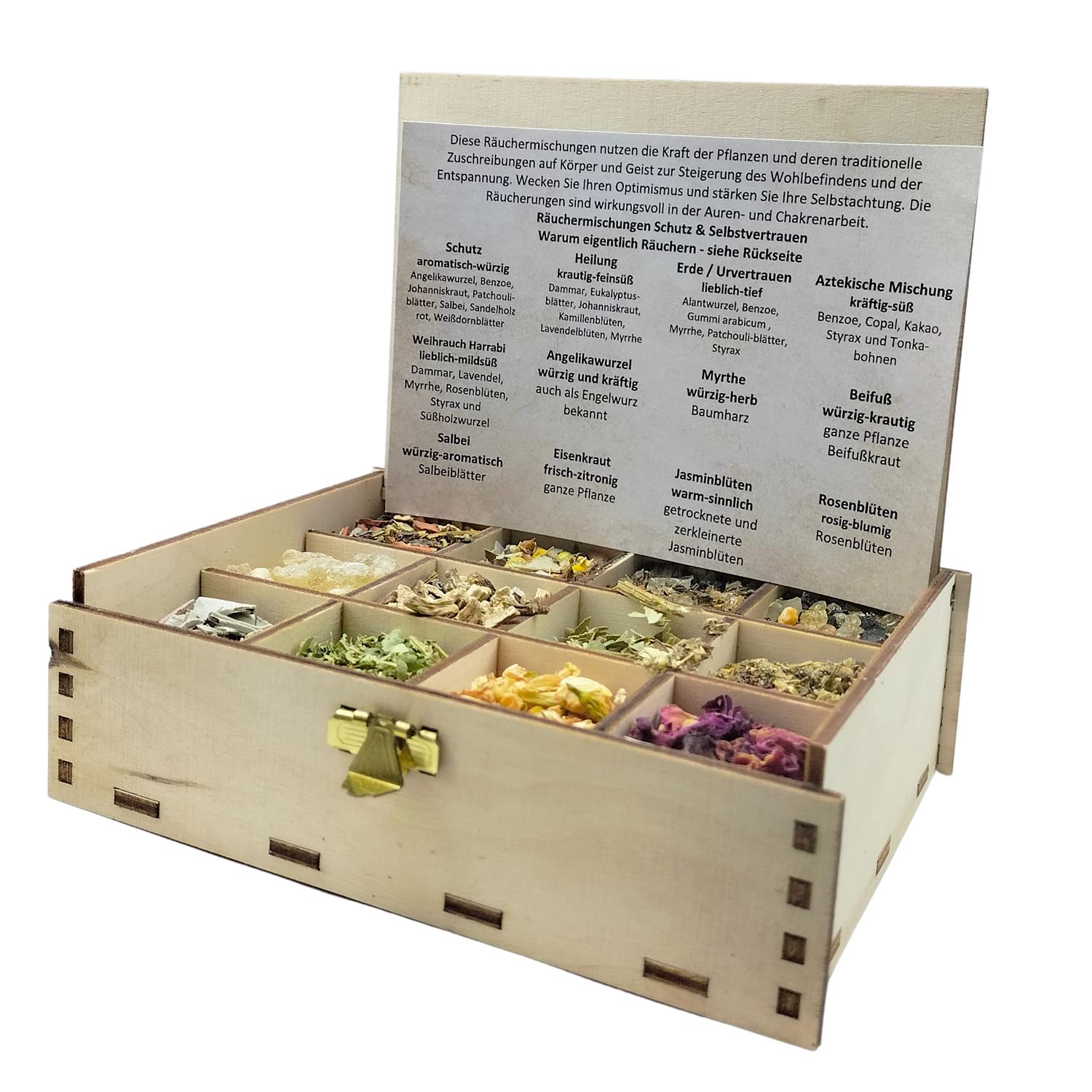 Heilkräuter Manufaktur Räucherbox Geschenkbox mit 12 Sorten Räuchermischungen Räucherwerk für die Seele, 14 x 10 x 4 cm