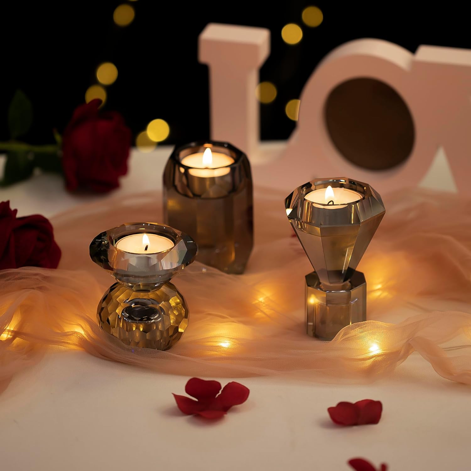 WELTRXE Kristall Kerzenhalter, 3er Set transparente Teelichthalter für Stabkerzen und Teelichter, 2-in-1-Design-Kerzenhalter aus Kristall für Tischdekorationen, Hochzeiten, Party (Grau)