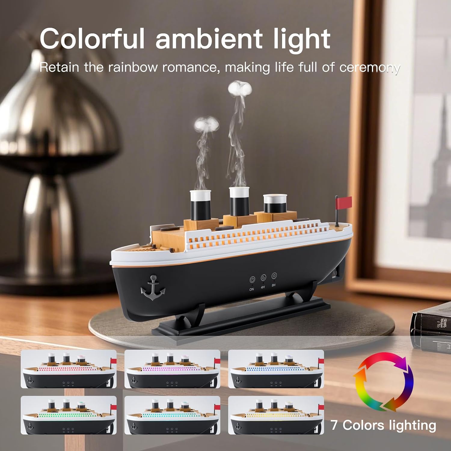 Titanic Humidifier 250ml, Essential Oil Diffuser Cool Mist Ultrasonic Aroma Aromatherapy Diffuser with Remote Control 7 Light 2 Mist Mode Auto Shut-Off for Bedroom Office Hotel(Black White)