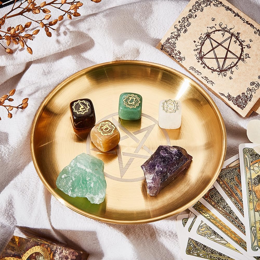 CREATCABIN Pentagramm Altarplatte Stern Tarotplatte Rituelles Brennen Kerzenhalter Teller Schalen Opfergaben Weihrauchbrenner Flache Schale Mit Altarkarte Tarotzubehör Für Hexerei Wicca Golden 14x14cm