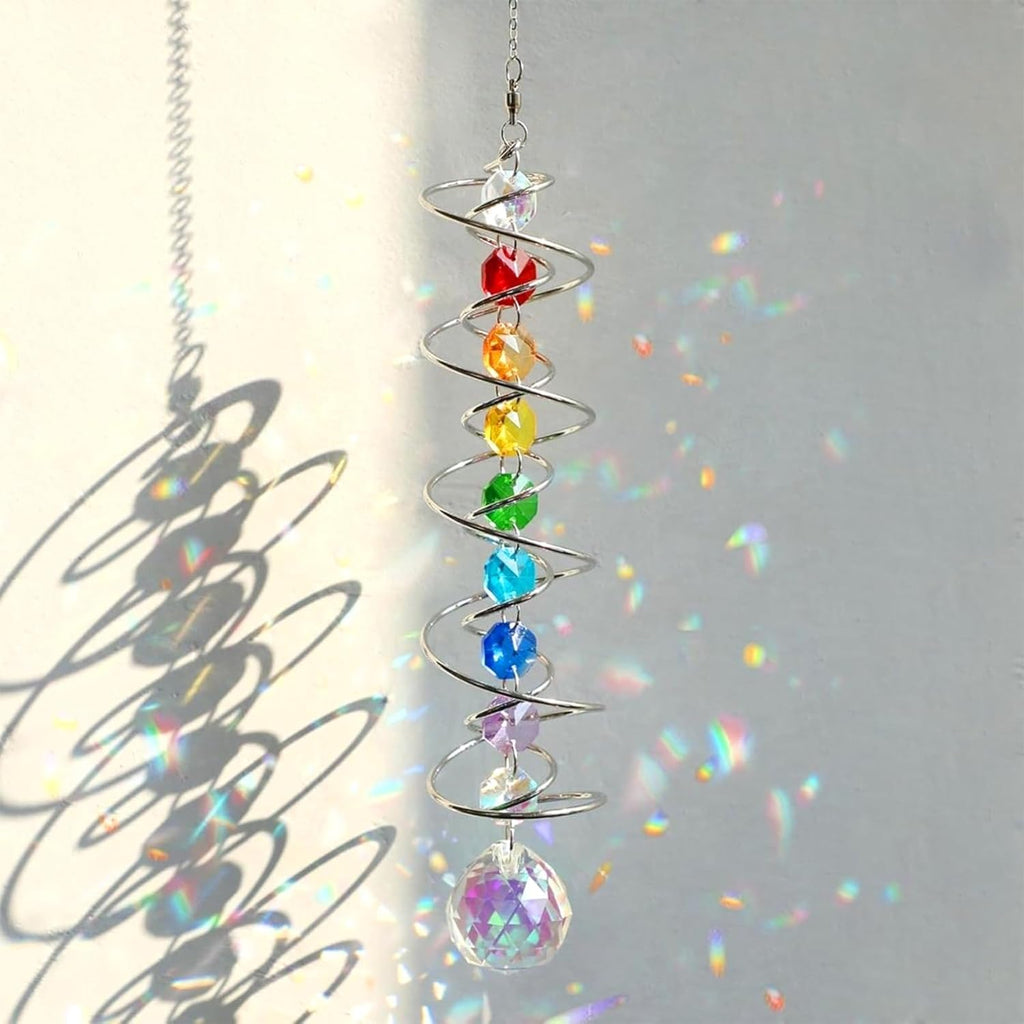 45cm Kristall Sonnenfänger Windspiel - Bunter Regenbogen Sonnenfänger mit Doppelspirale & Chakra Perlen - Dekorativer Hängender Suncatcher für Fenster,Garten,Balkon,Hochzeit - Innen & Außen Deko (A)