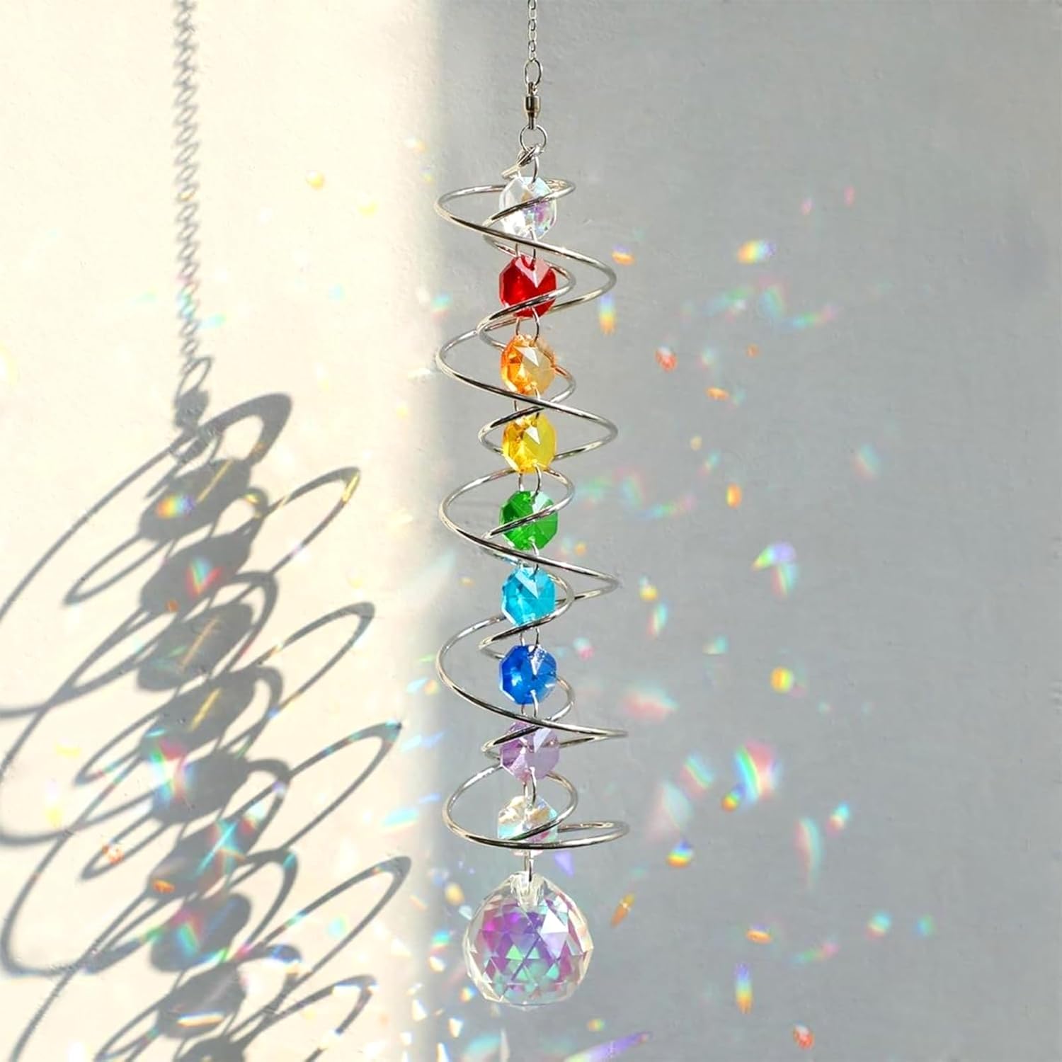 45cm Kristall Sonnenfänger Windspiel - Bunter Regenbogen Sonnenfänger mit Doppelspirale & Chakra Perlen - Dekorativer Hängender Suncatcher für Fenster,Garten,Balkon,Hochzeit - Innen & Außen Deko (A)