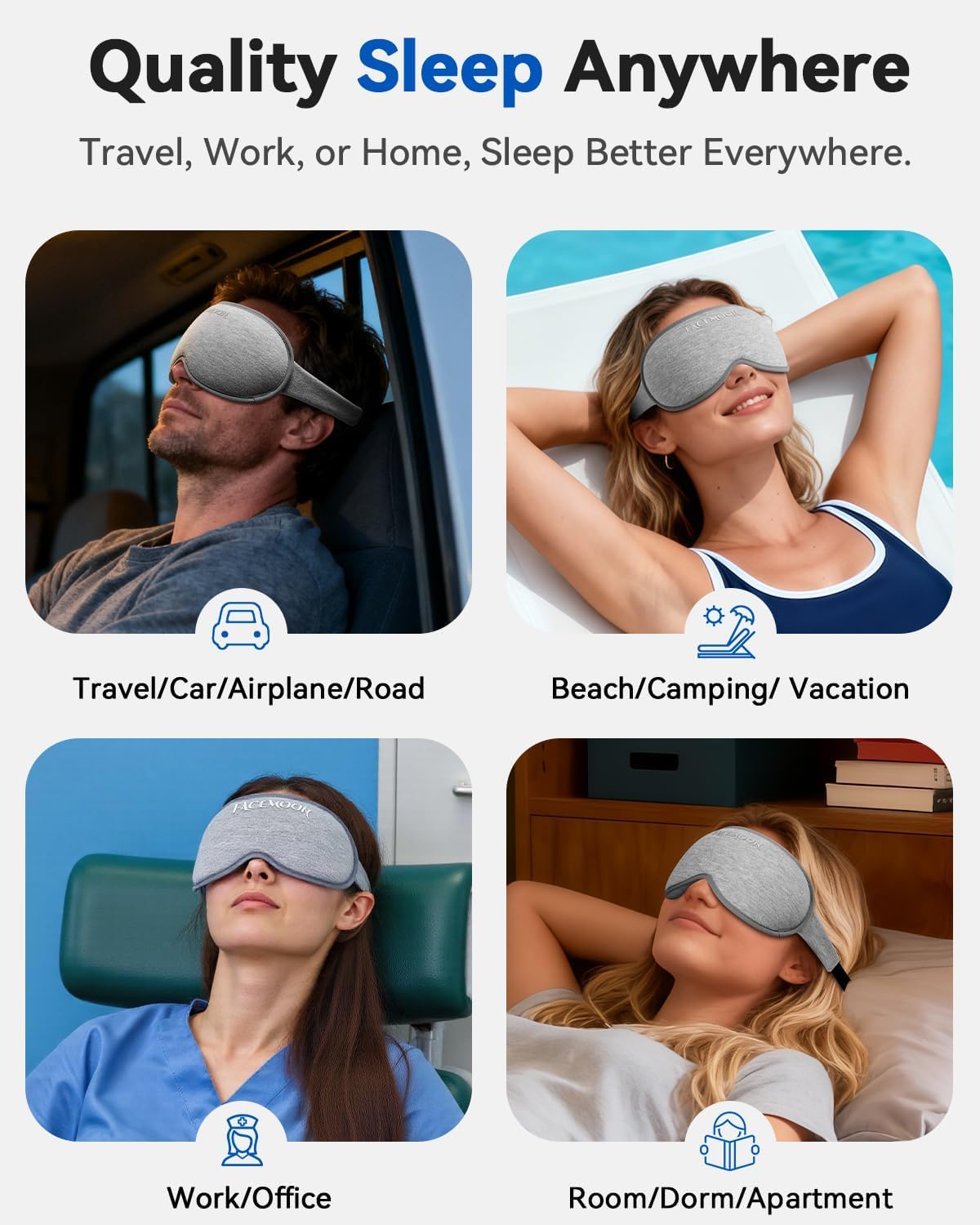 3D Blackout Weighted Eye Mask for Sleep, Airplane Travel Essential | Long flights, road trips, gentle weighted comfort, deep cups, lash-friendly, adjustable strap, daytime naps for men & women