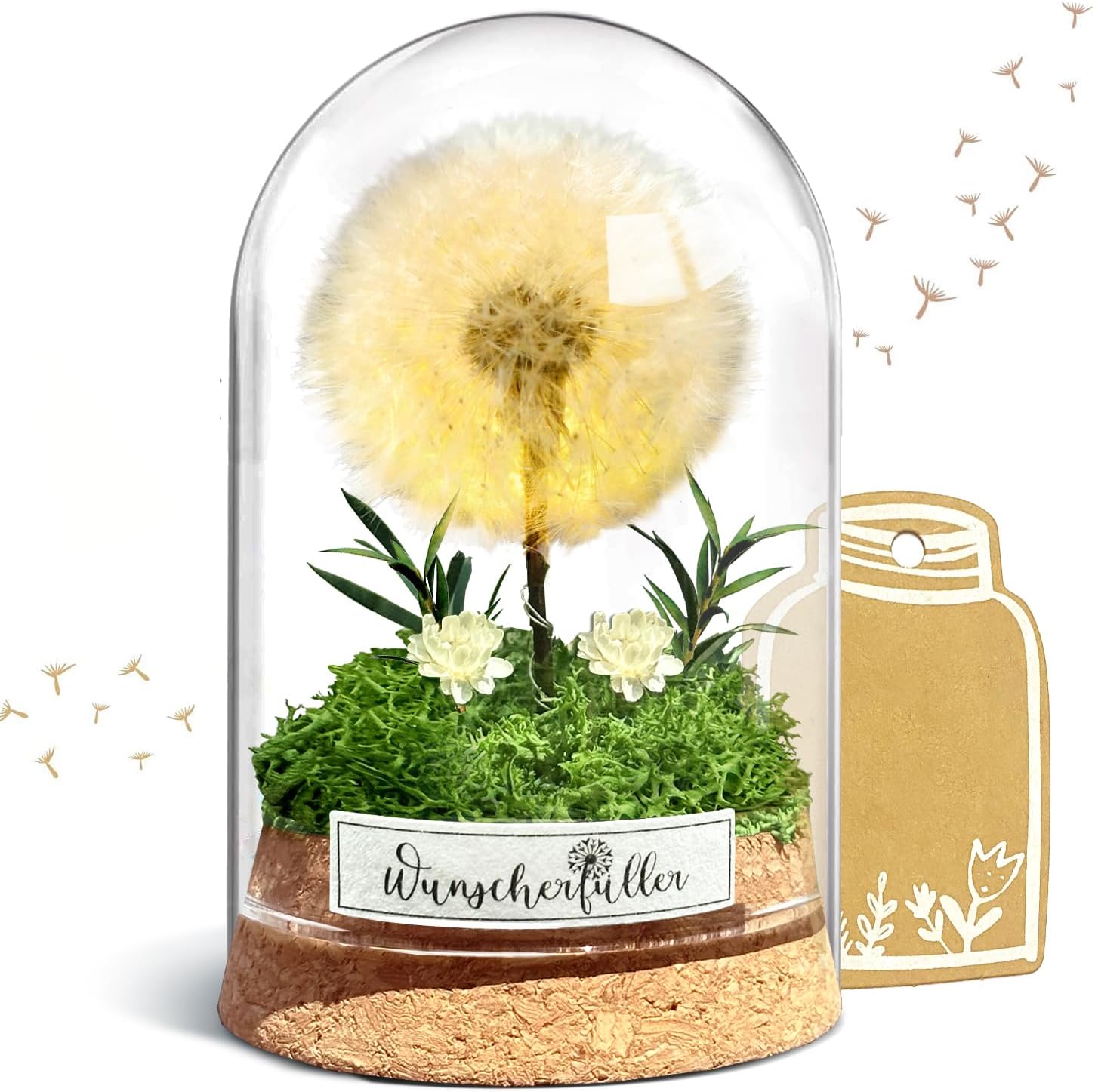 Wunscherfüller mit LED Licht, Echte Pusteblume im Glass, Ewig Geburtstagsgeschenk für Frauen Freundin Mädchen Geschenke für Geburtstag Hochzeit Jugendweihe Weihnachten Valentinstag