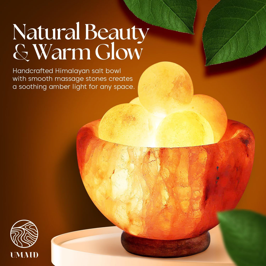 UMAID Himalayan Salt Lamp Bowl with 6 Himalayan Salt Massage Stones, Dimmable Pink Rock Salt Lamp for Bedroom, Office Desk & Meditation Room, Spa Decor, Relaxation Home Decor Gifts for Men & Women