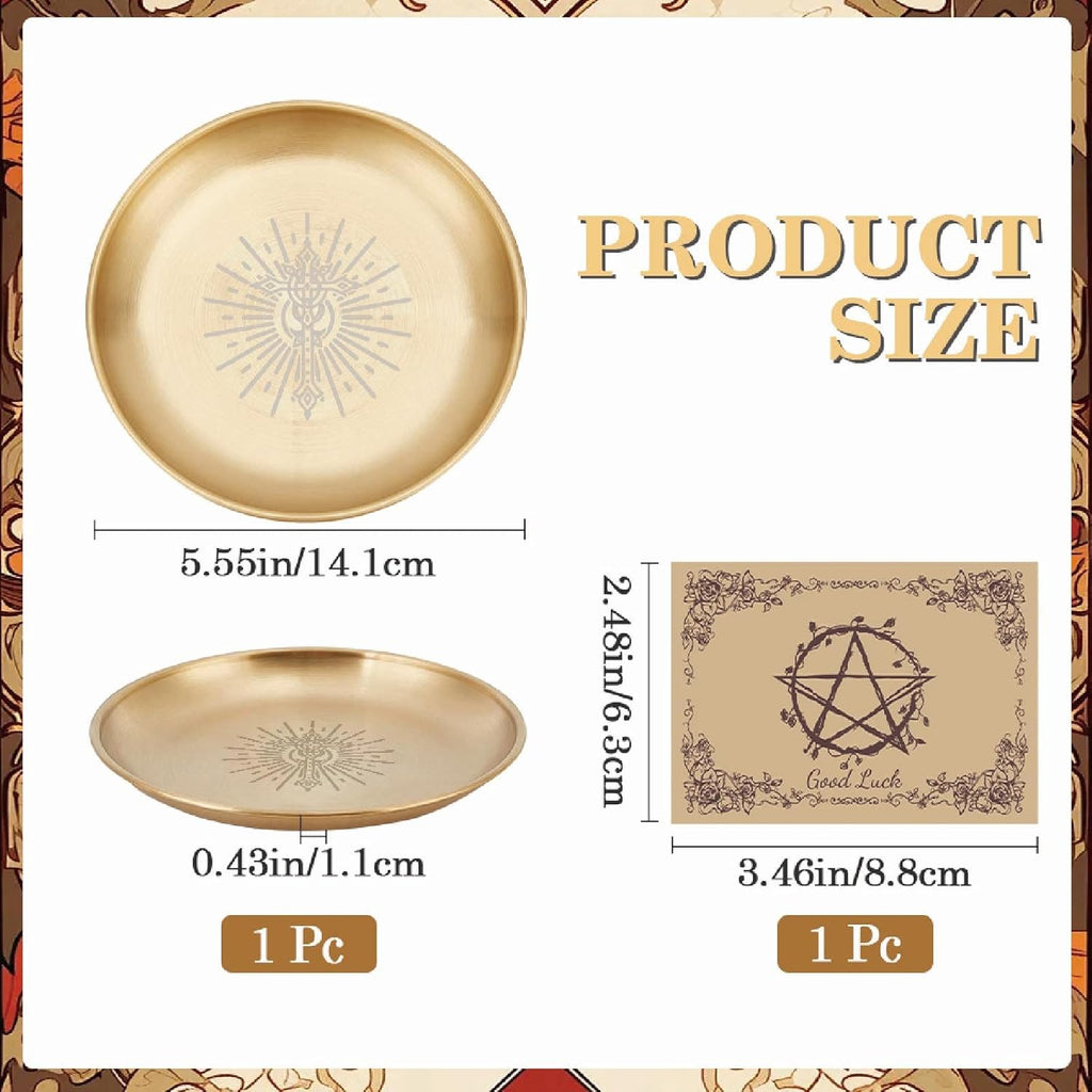 CREATCABIN Kreuz Opferschale Altar Ritualplatte Edelstahl Goldene Kristall Aufbewahrung Flache Schale Rundes Tablett Gebetsschale Kerzenhalter Schmuckschale Zum Räuchern Räuchergefäß 14x14cm