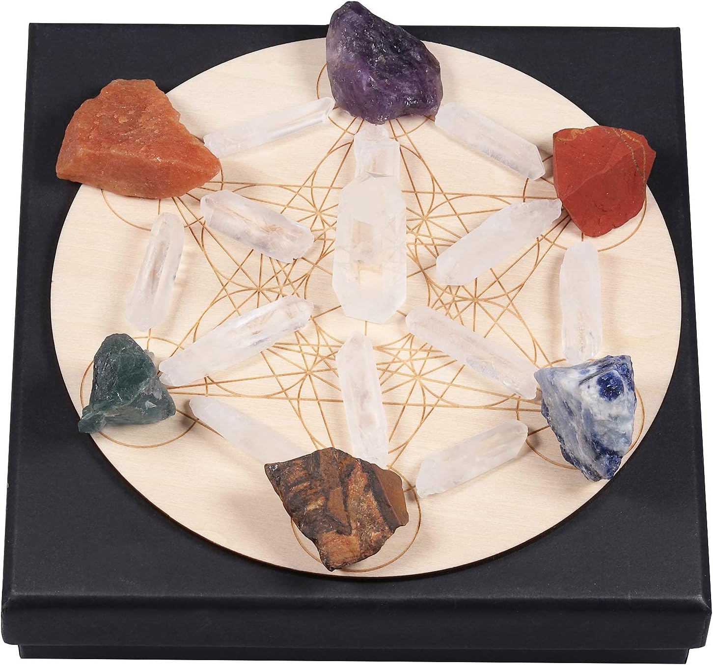KYEYGWO Reiki Healing Crystal Grid Set with 7 Chakra Raw Stone and Rock Crystal Wand Wooden Sacred Geometry Chakra Energy Stone Quartz Dots Ornament for Home Decor, Hexagon Gemstones