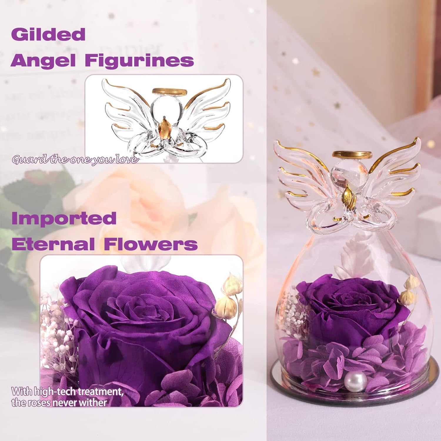 Ewige Rose Engel Geschenke für Mama, Ewige Rose in Engel Glaskuppel für Sie, Infinity Rosen Konservierte Blumen Handgemachte, Engelsfigur aus Glas, Geschenk für Frauen Mutter Oma Großmutterk