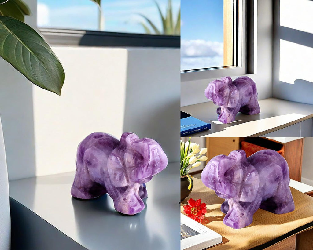 QINJIEJIE Amethyst Elephant Decor Statue Crystals Healing Stones Crystal | Pocket Figurines Cute Ivory Wedding Anniversary Sculpture Gemstones Home Office Desk Purple Decor Elephant Gifts for Women