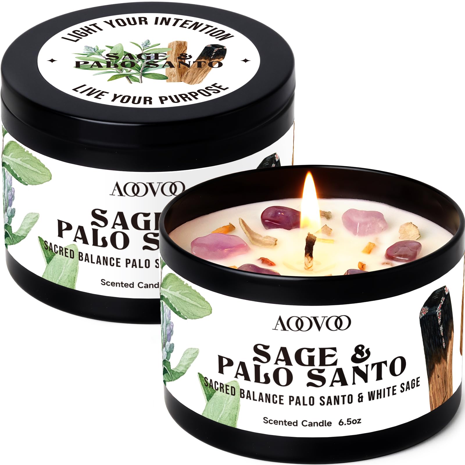 AOOVOO Sage Candle for Cleansing - 3 Wick 12oz Large Scented Candle with Crystals & Sage Leaves Inside, Soy Candles Non Toxic for Meditation Spiritual Gift, Aromatherapy Candle for Women Men
