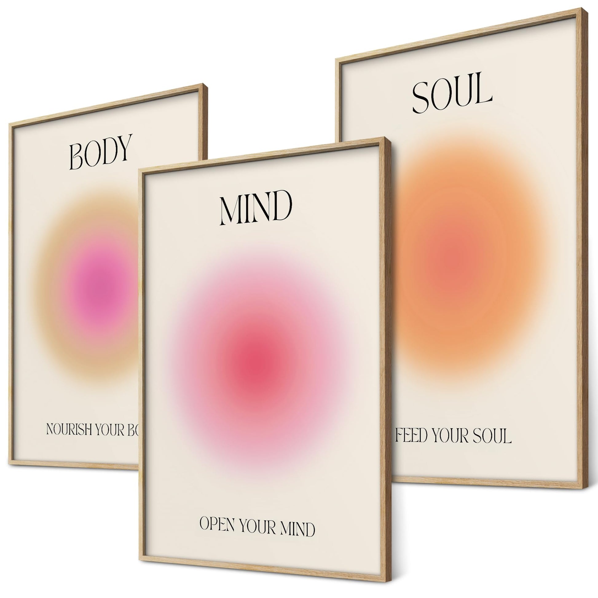 Geist Körper Seele Yoga Poster Set Achtsamkeit Aura Farben Wanddeko Inspirierende Bilder Mindfulness Schlafzimmer Deko Wohnzimmer Dekoration Homeoffice Achtsamkeitsposter (3x A4 | Ohne Rahmen)