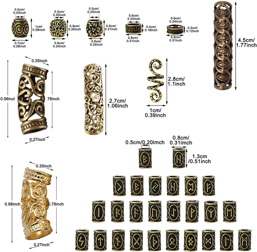 Queta Wikinger Rune Perlen, Nordic Bartperlen, Flechtperlen, Haarperlen, Haarverlängerung Nadel Einfädler Schlaufennadel Microringnadel für Haar Bart Schmuck DIY Halskette Halskette Anhänger (Golden)
