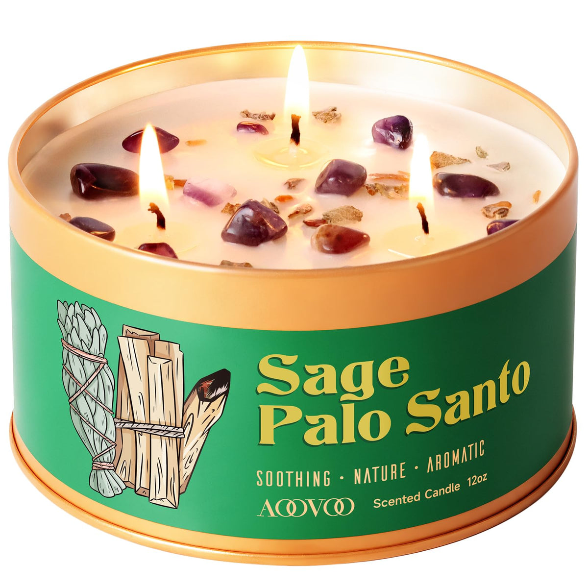 AOOVOO Sage Candle for Cleansing - 3 Wick 12oz Large Scented Candle with Crystals & Sage Leaves Inside, Soy Candles Non Toxic for Meditation Spiritual Gift, Aromatherapy Candle for Women Men