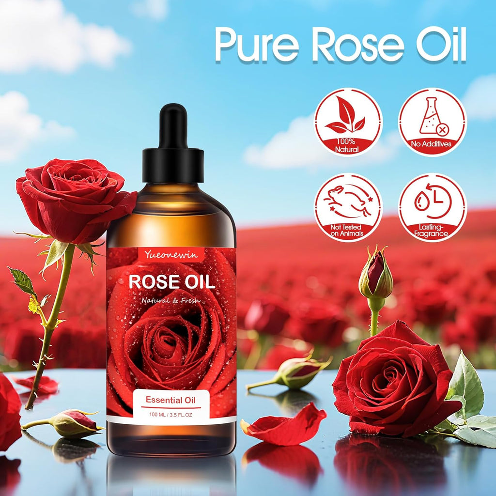 Rose Oil 100 ml, Pure Rose Essential Oils for Diffuser, Rose Oil Essential Oil Aromatherapy Fragrance Oil for Massage, DIY, Soap, Candle Making, Bath Relaxation, Gifts for Women Christmas