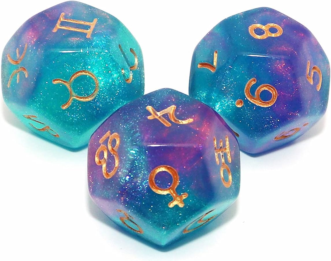 CREEBUY 3 Pieces Astrological Dice for Constellation Divination 3 Colors D12 Glitter Craft Dice Polyhedral Set