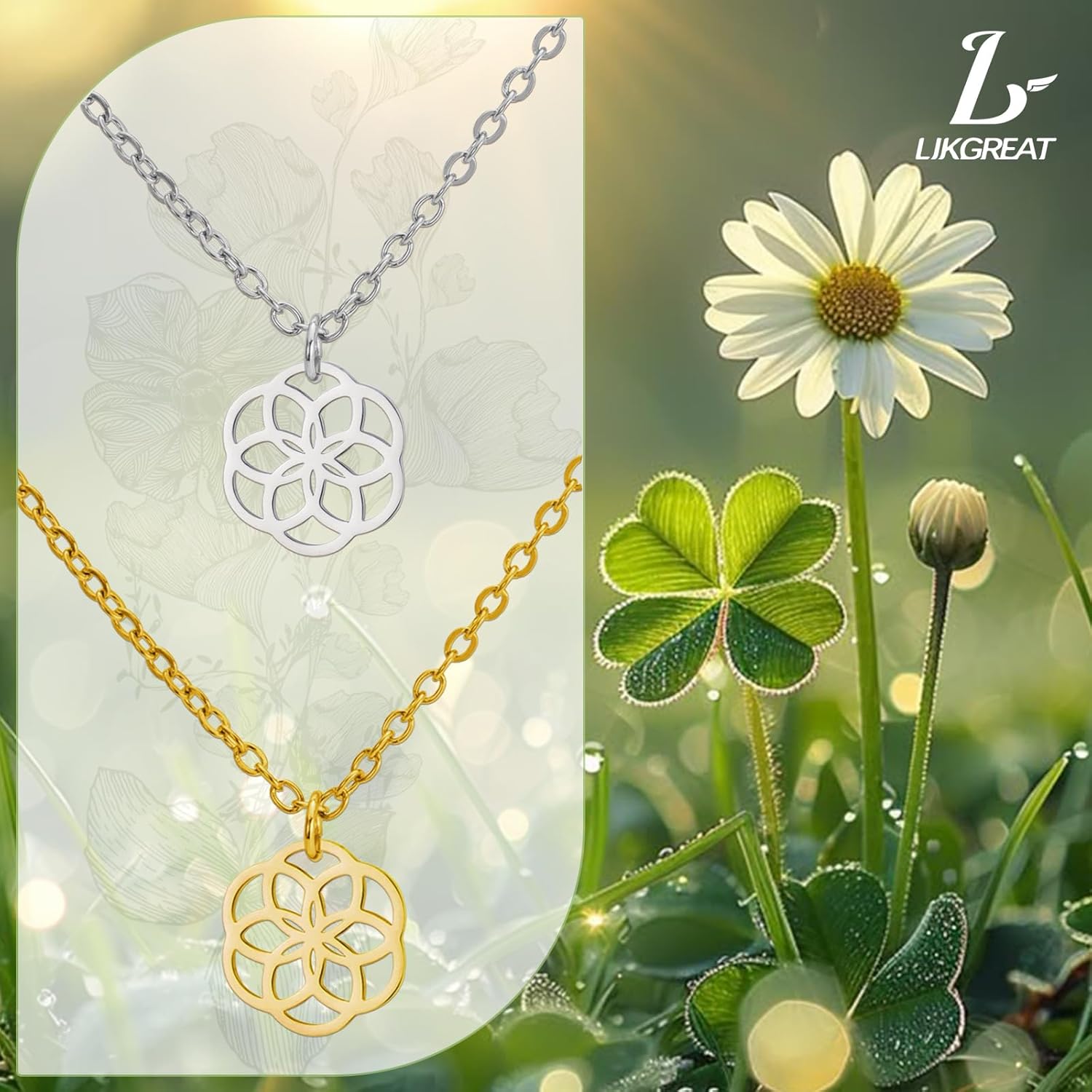 LIKGREAT Blume des Lebens Halskette Seeds of Life Anhänger Halskette Heilige Geometrie Symbol Halskette Spirituelle Heilung Amulett Schmuck