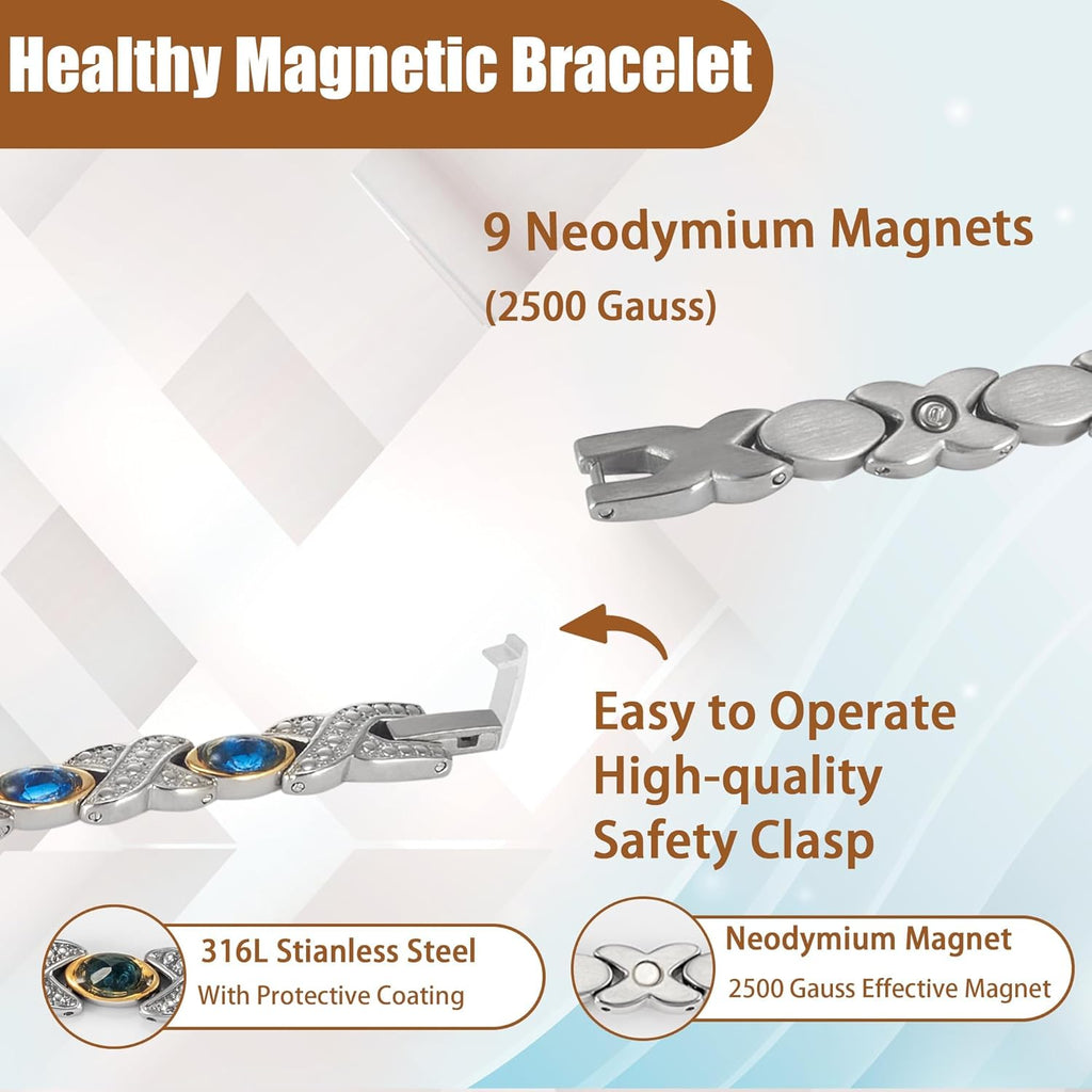 2er-Pack Magnetfeldtherapie-Arthritis-Armbänder für Frauen, Lymphdrainage-Magnettherapie-Armbänder, 10 Stück 3500 Gauss Edelstahl-Armbänder mit simulierten Edelsteinen