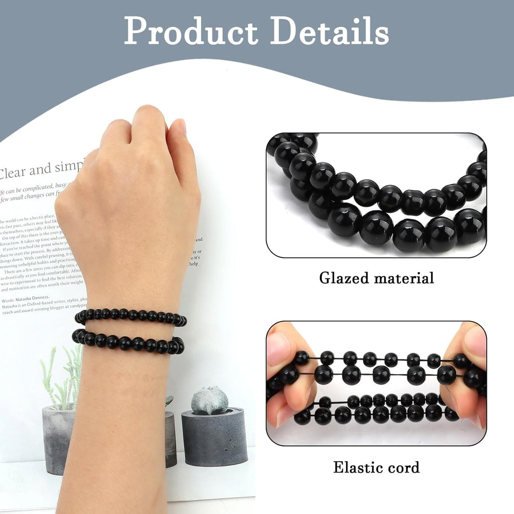 Pack of 2 Black Tourmaline Bracelets, MM Gemstone Bracelet, Natural Stone Bracelet, Large Stretchy Bracelet, Balls on Elastic Nylon Thread, Hand-Made, 18 centimetres, 100% brand