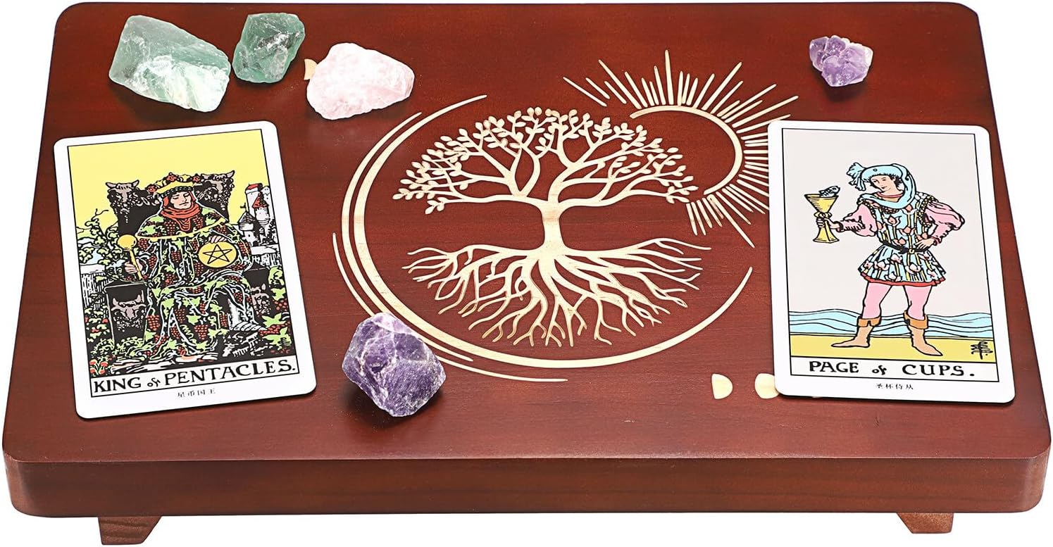 SUMTree Altartisch aus Holz, kleiner Meditationstisch, Tarottisch, buddhistischer Heiligtum, Mondphase und Baum des Lebens (30 x 20 x 6 cm), SJFR0233