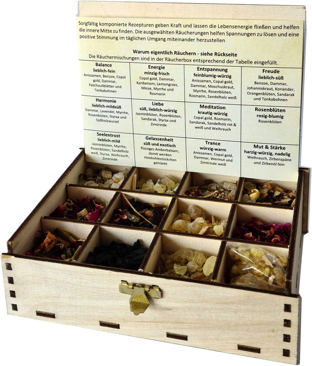 Heilkräuter Manufaktur Räucherbox Geschenkbox mit 12 Sorten Räuchermischungen Räucherwerk für die Seele, 14 x 10 x 4 cm