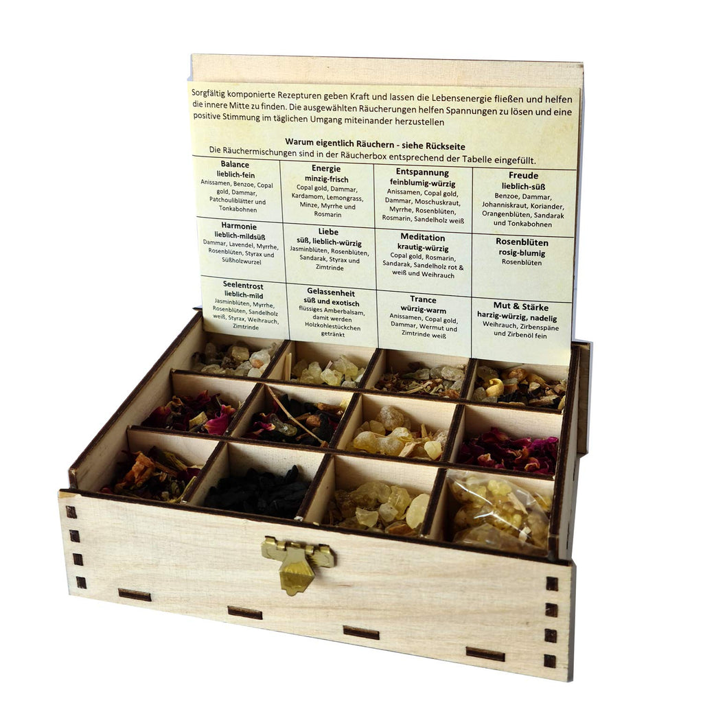 Heilkräuter Manufaktur Räucherbox Geschenkbox mit 12 Sorten Räuchermischungen Rituale im Jahreskreis, Jahreszeiten, 14 x 10 x 4 cm