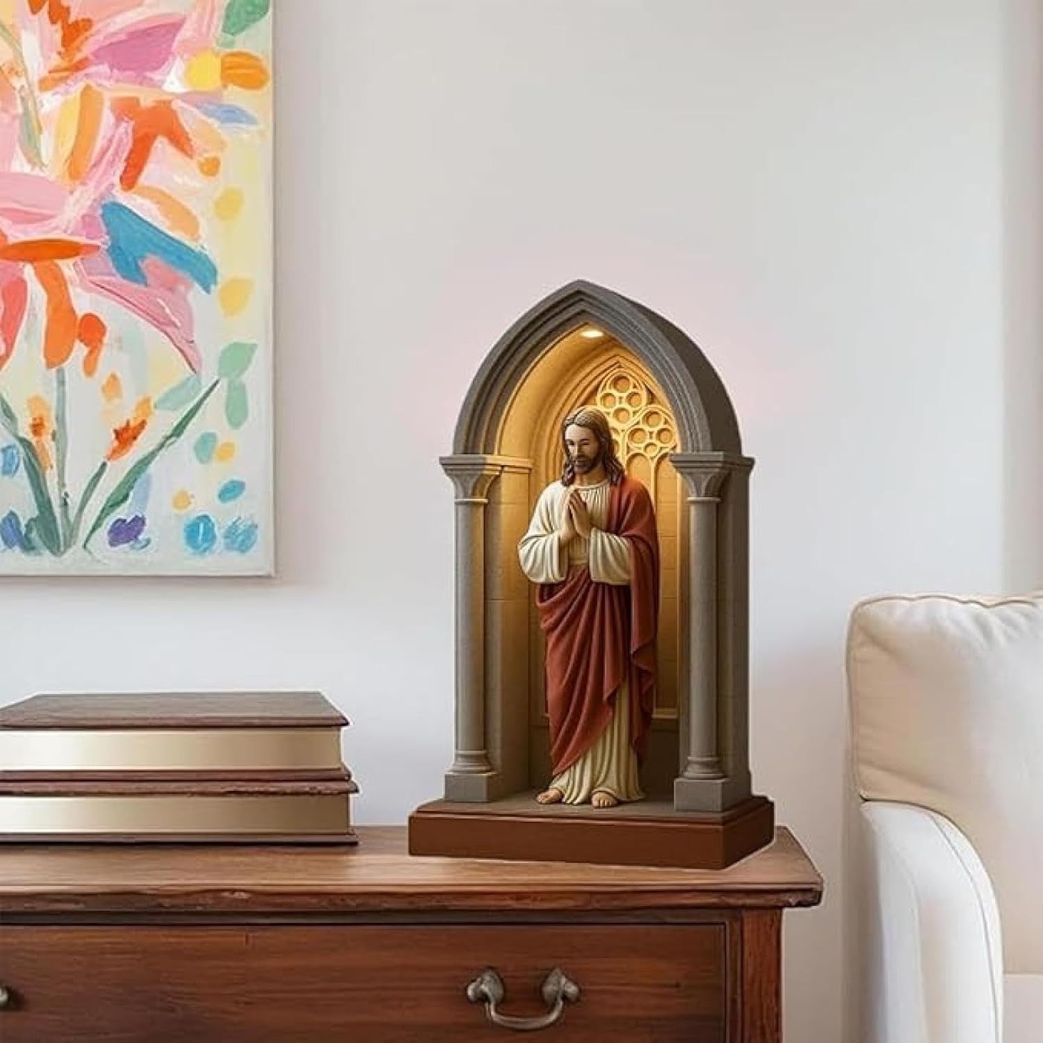 Jesusstatue, LED-Tischlampe, elegante heilige Herz-Jesus-Figur, beleuchtete Statue im gotischen Stil, Nische, religiöse Tischlampe, Dekoration für Zuhause (18,5 x 10,5 x 5 cm)