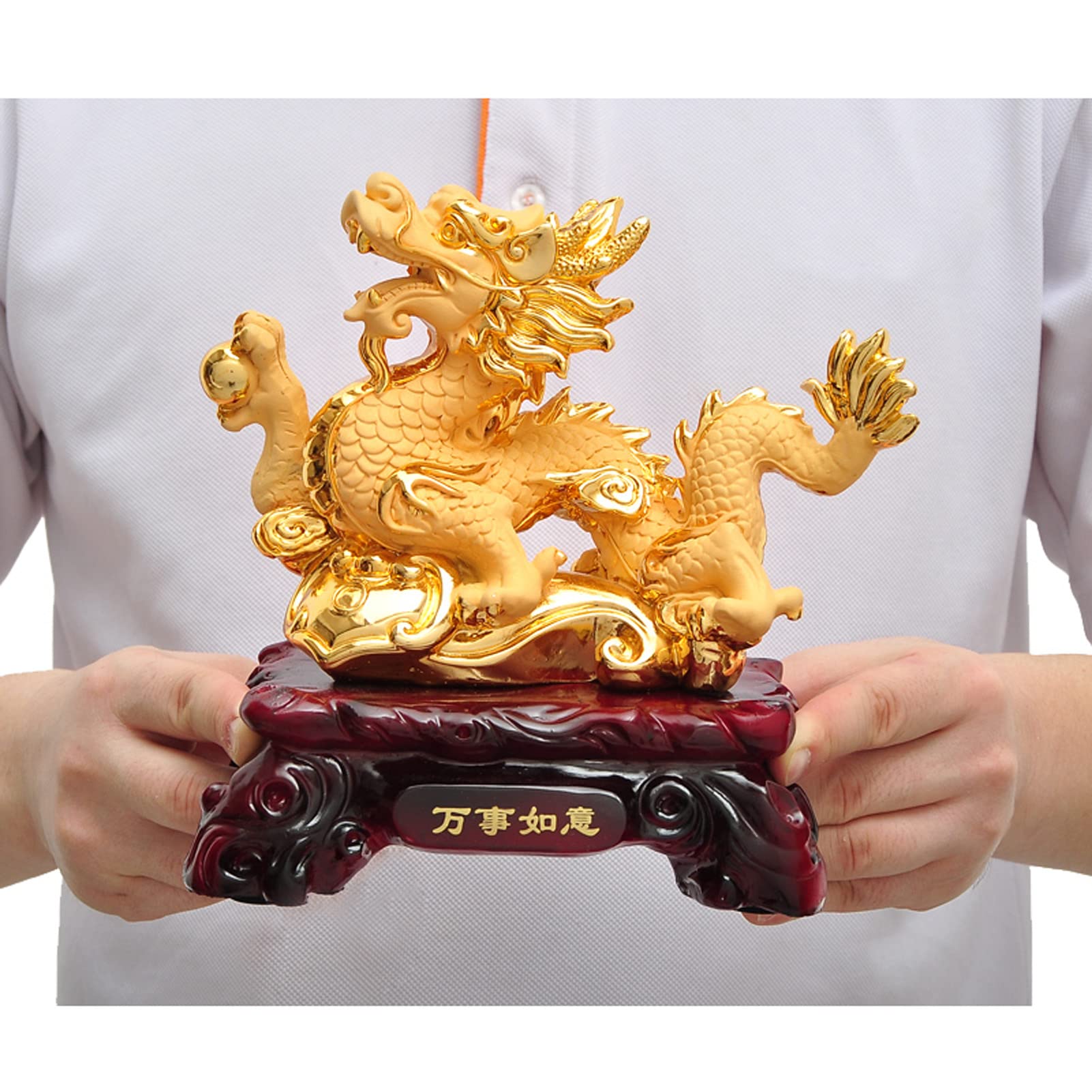 Uziqueif Feng Shui Geld Glück Glücklicher Vermögen Reichtum Chinesische Drache Statue Münze Home Büro Dekoration Tischtischornamente Gute Glücksgeschenke, Harz,Gold,33 * 17 * 31cm